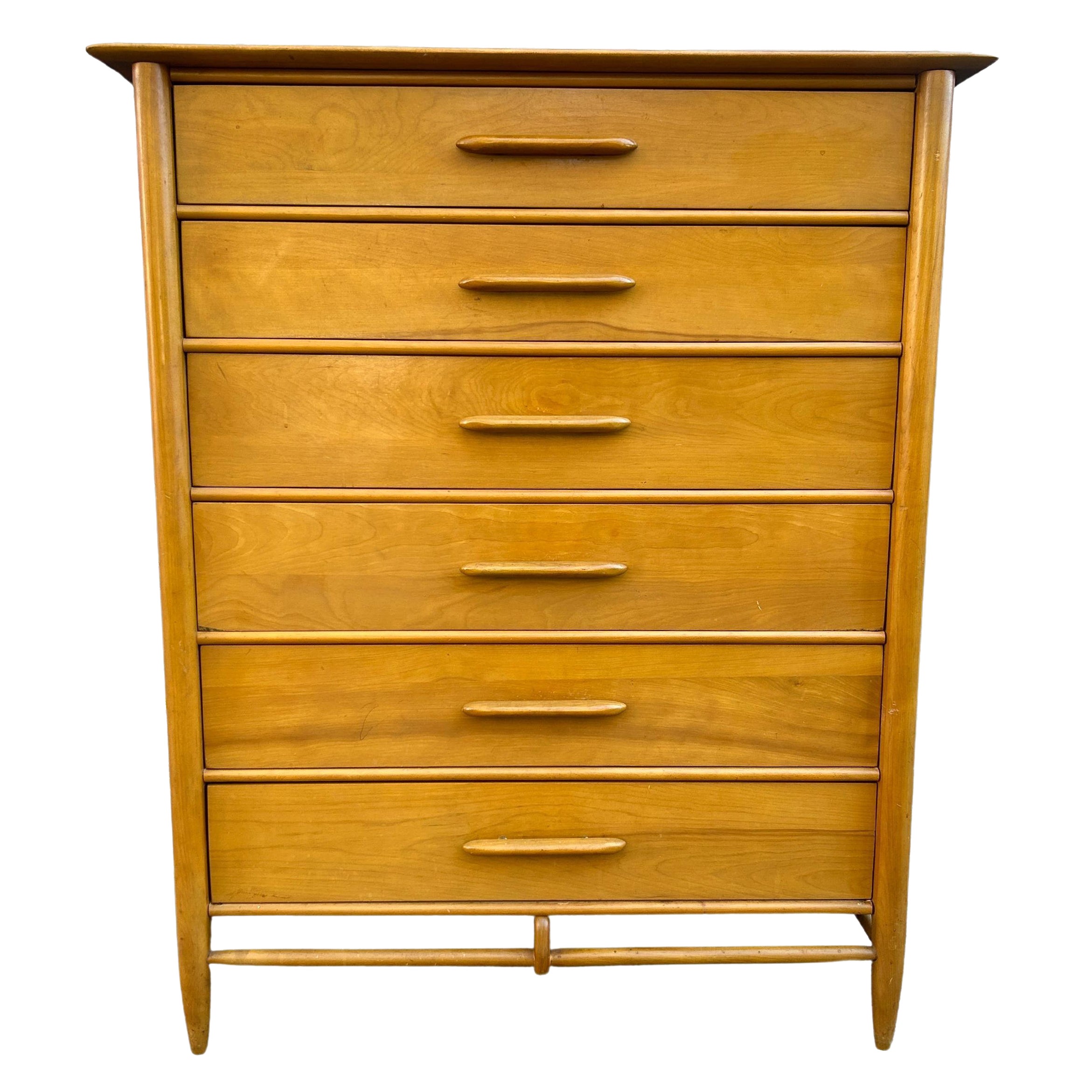 Mid century American modern tall blonde Solid maple dresser 6 drawer