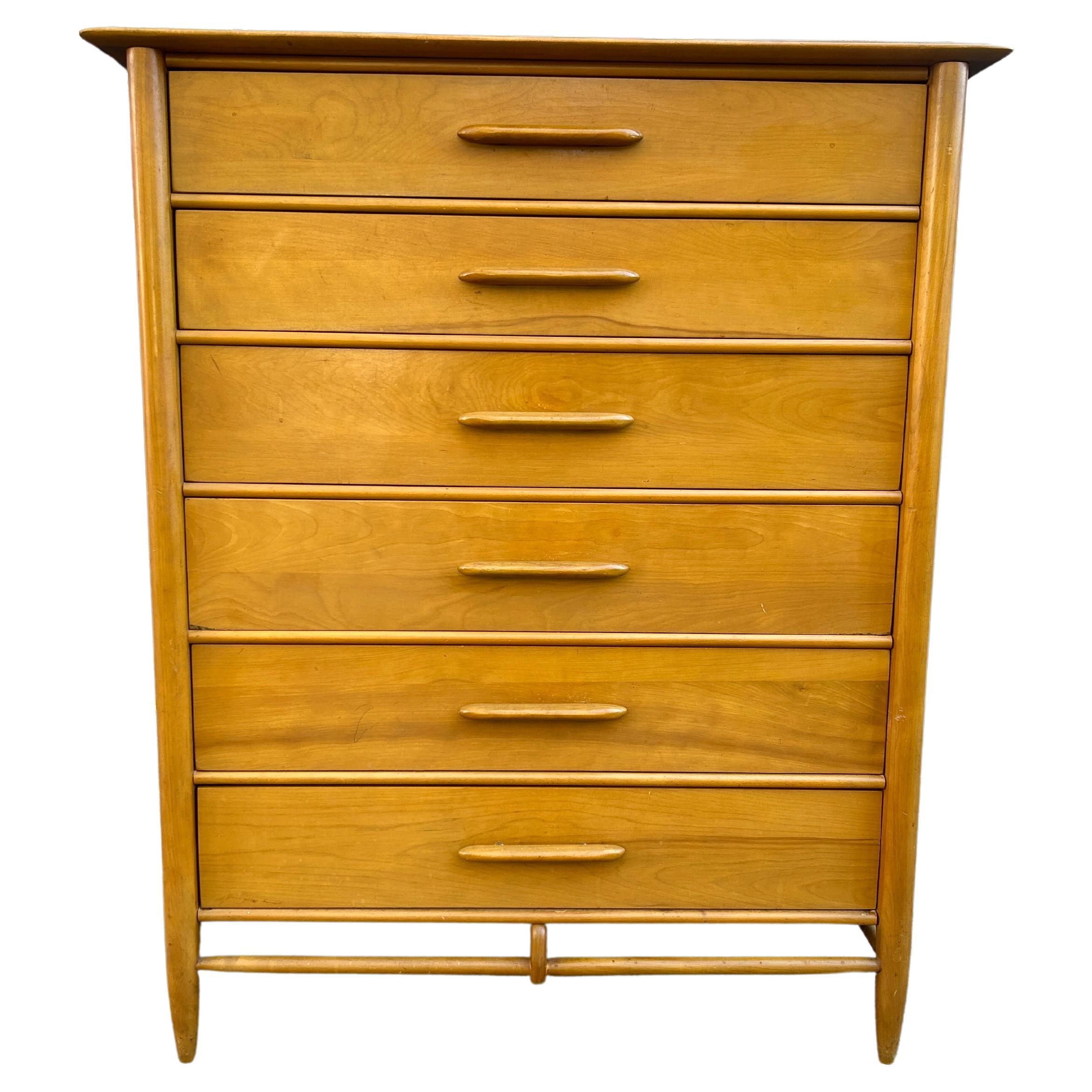 Mid century American modern tall blonde Solid maple dresser 6 drawer For Sale