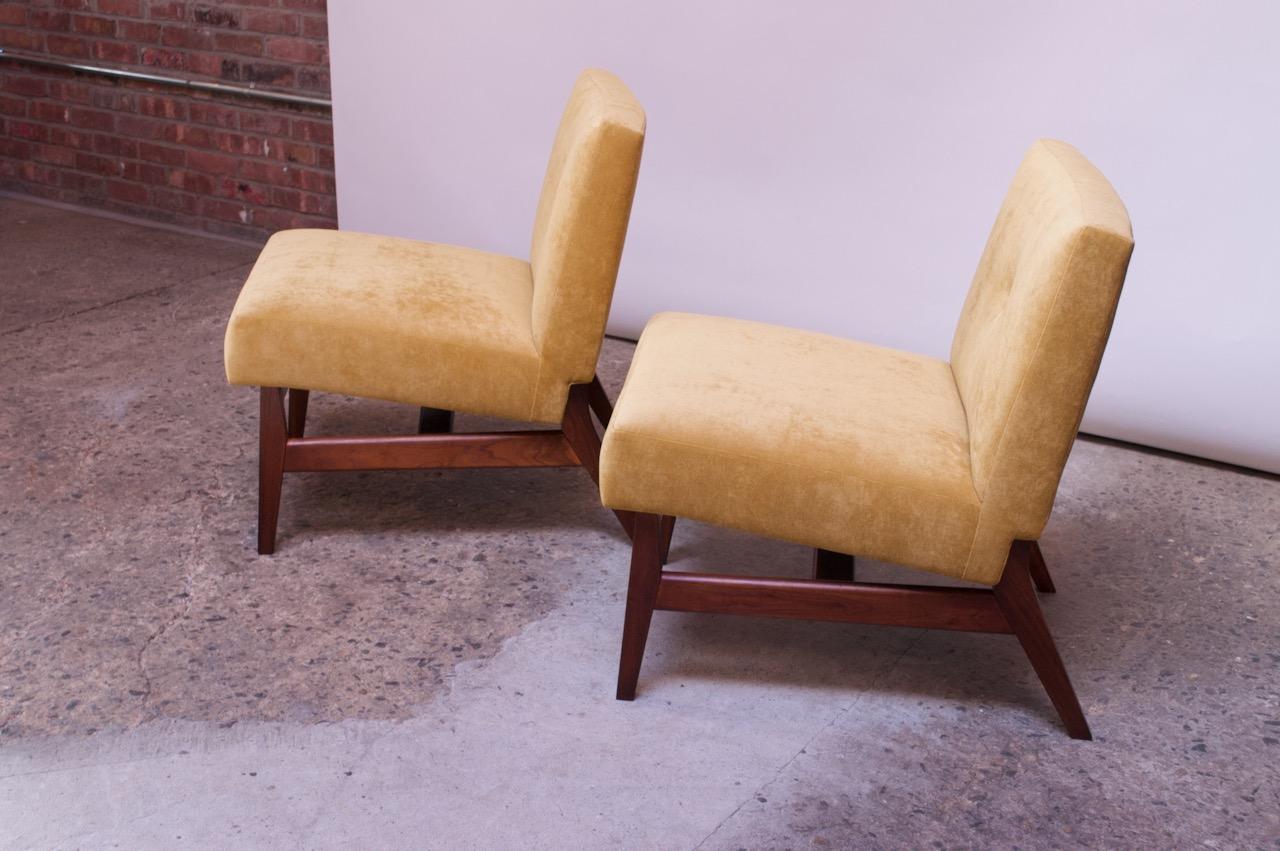 Midcentury American Modern Walnut and Velvet Slipper Chairs 2