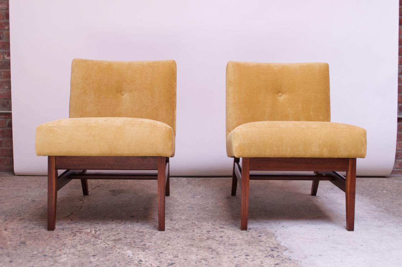 Midcentury American Modern Walnut and Velvet Slipper Chairs 3