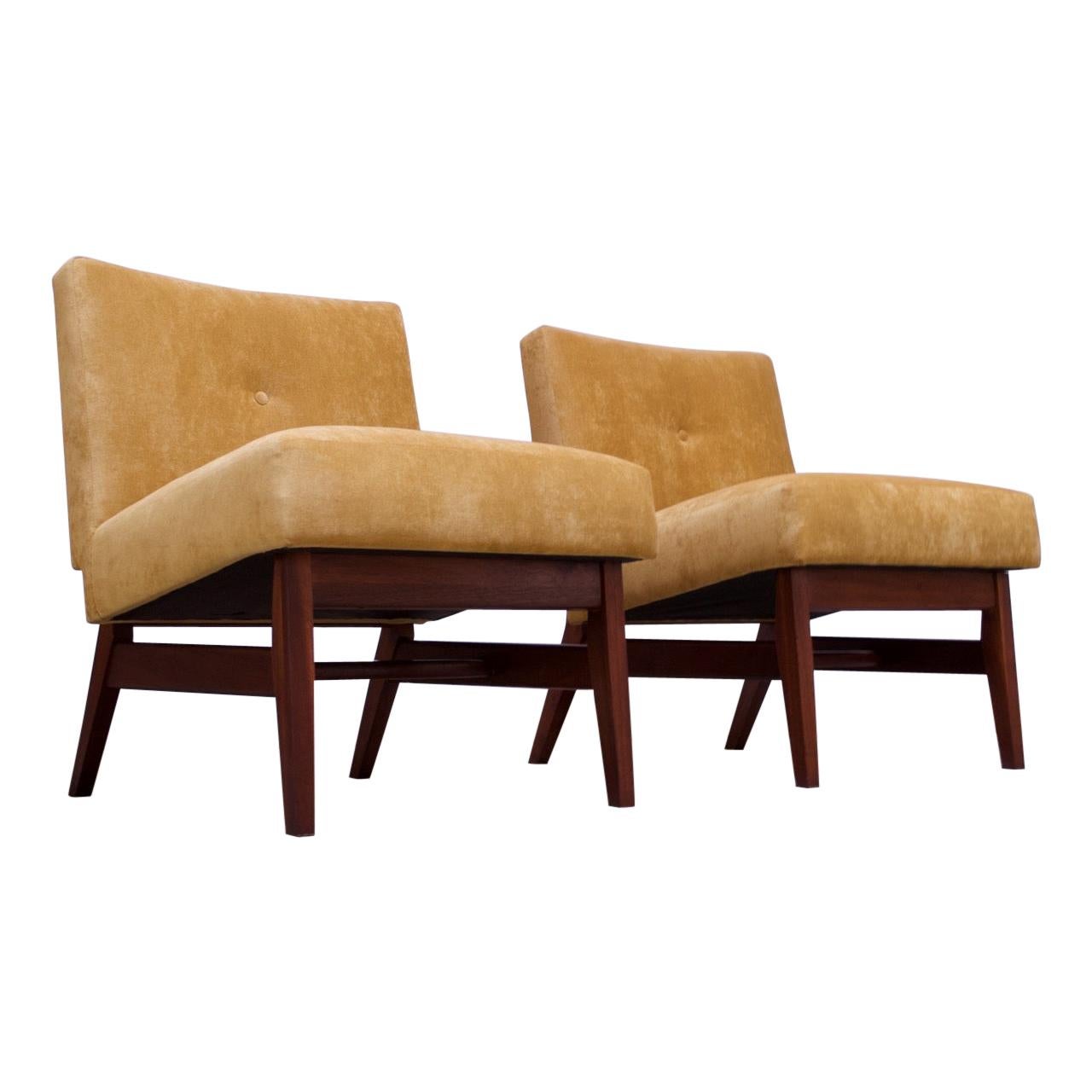 Midcentury American Modern Walnut and Velvet Slipper Chairs