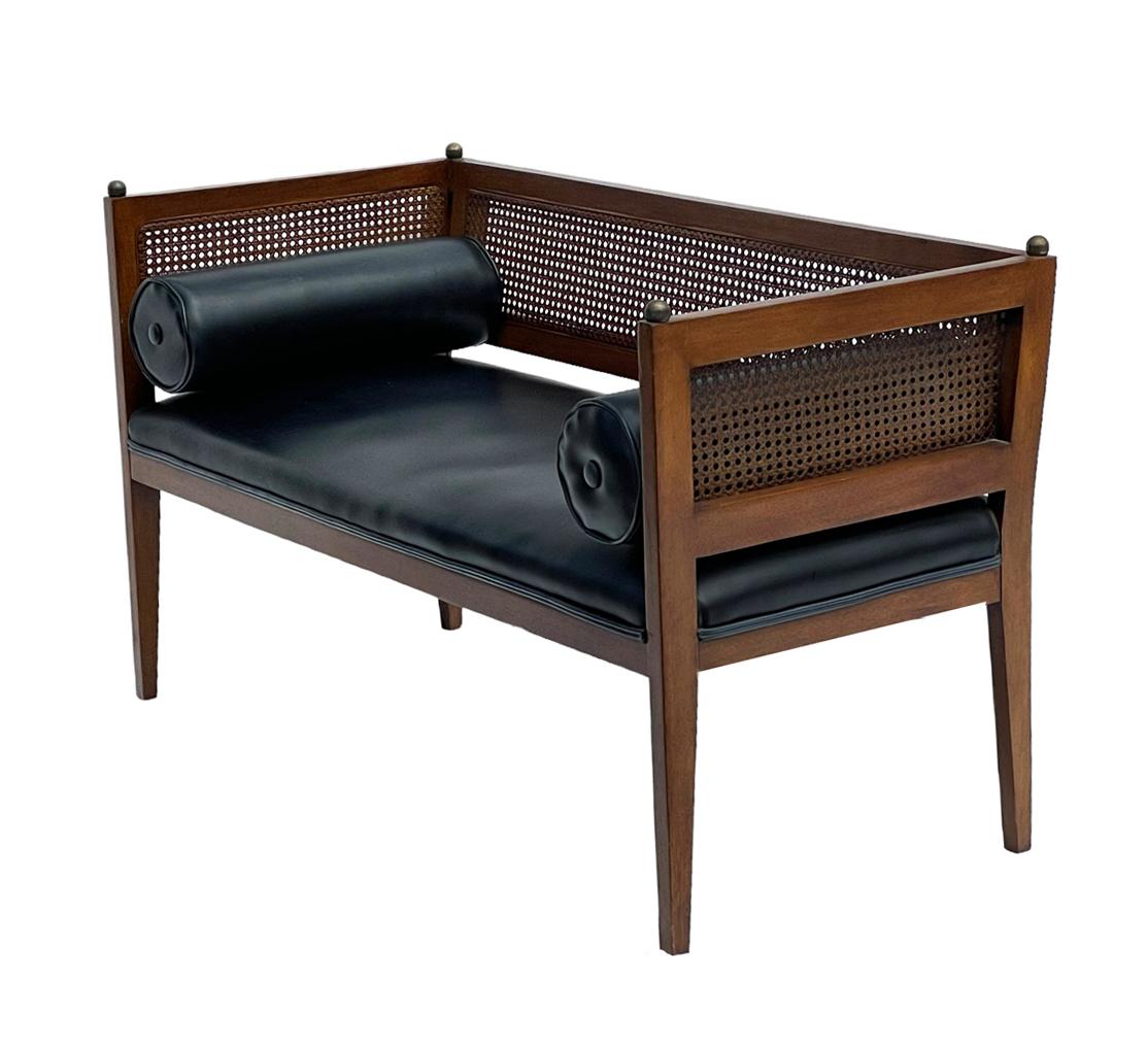 Mid-Century Modern Mid Century American Modern Wood, Black Naugahyde & Cane Bench or Chaise Lounge For Sale