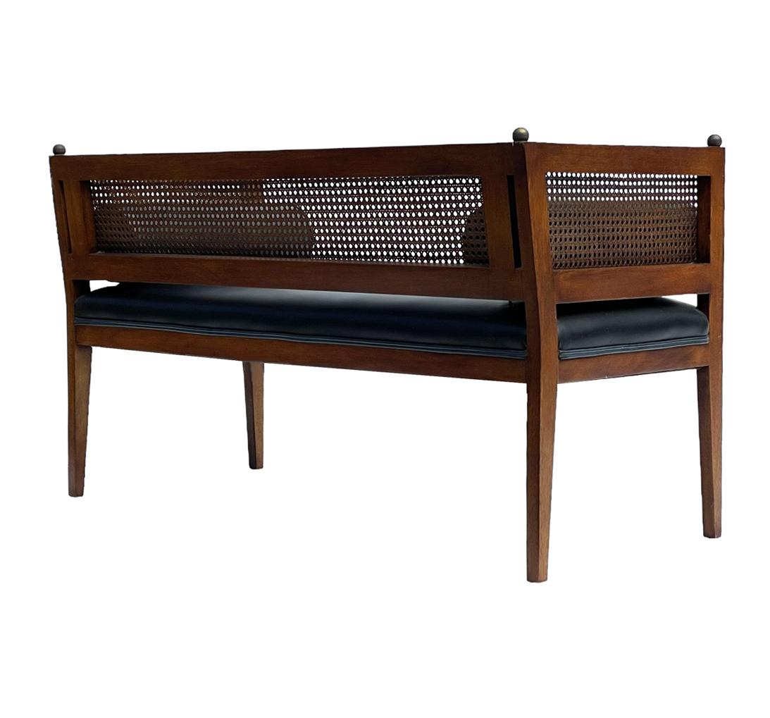 Mid Century American Modern Wood, Black Naugahyde & Cane Bench or Chaise Lounge In Good Condition For Sale In Philadelphia, PA