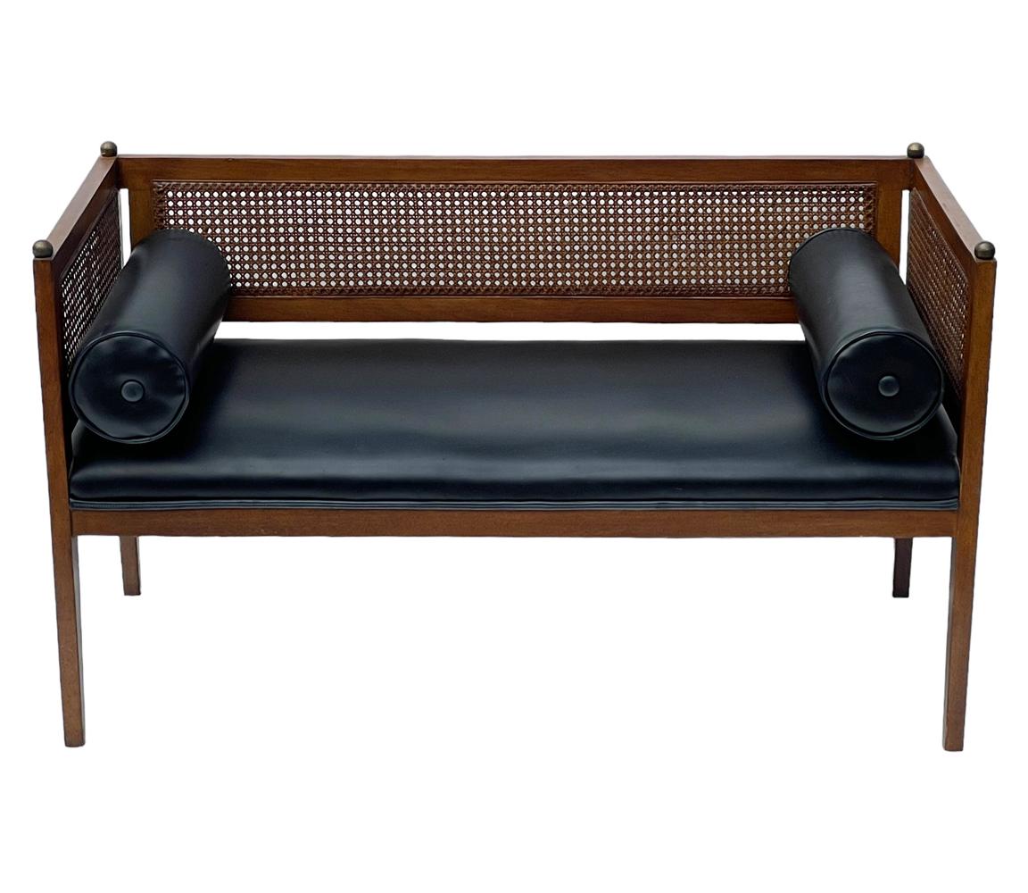 Mid-20th Century Mid Century American Modern Wood, Black Naugahyde & Cane Bench or Chaise Lounge For Sale