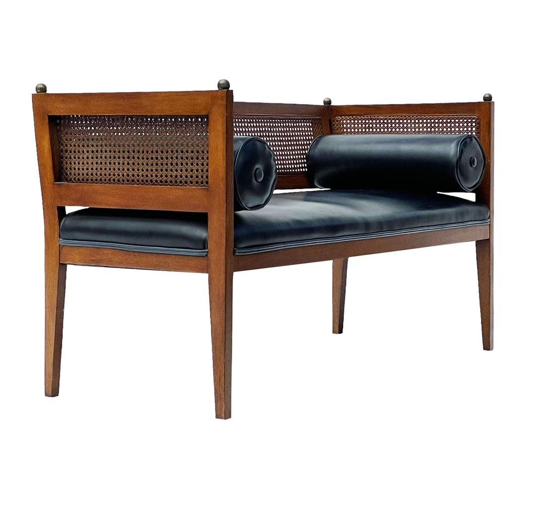 Mid Century American Modern Wood, Black Naugahyde & Cane Bench or Chaise Lounge For Sale 1