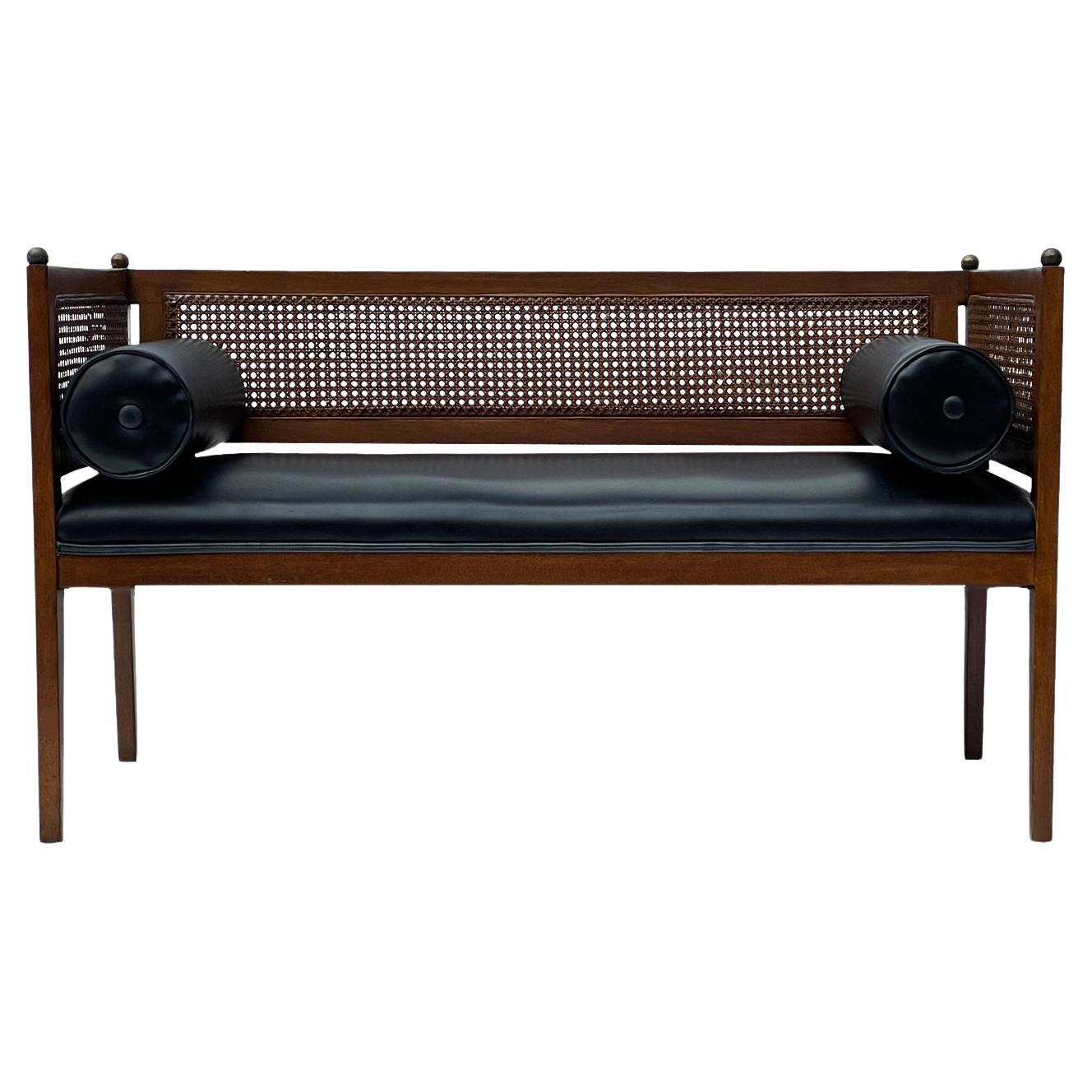 Mid Century American Modern Wood, Black Naugahyde & Cane Bench or Chaise Lounge For Sale