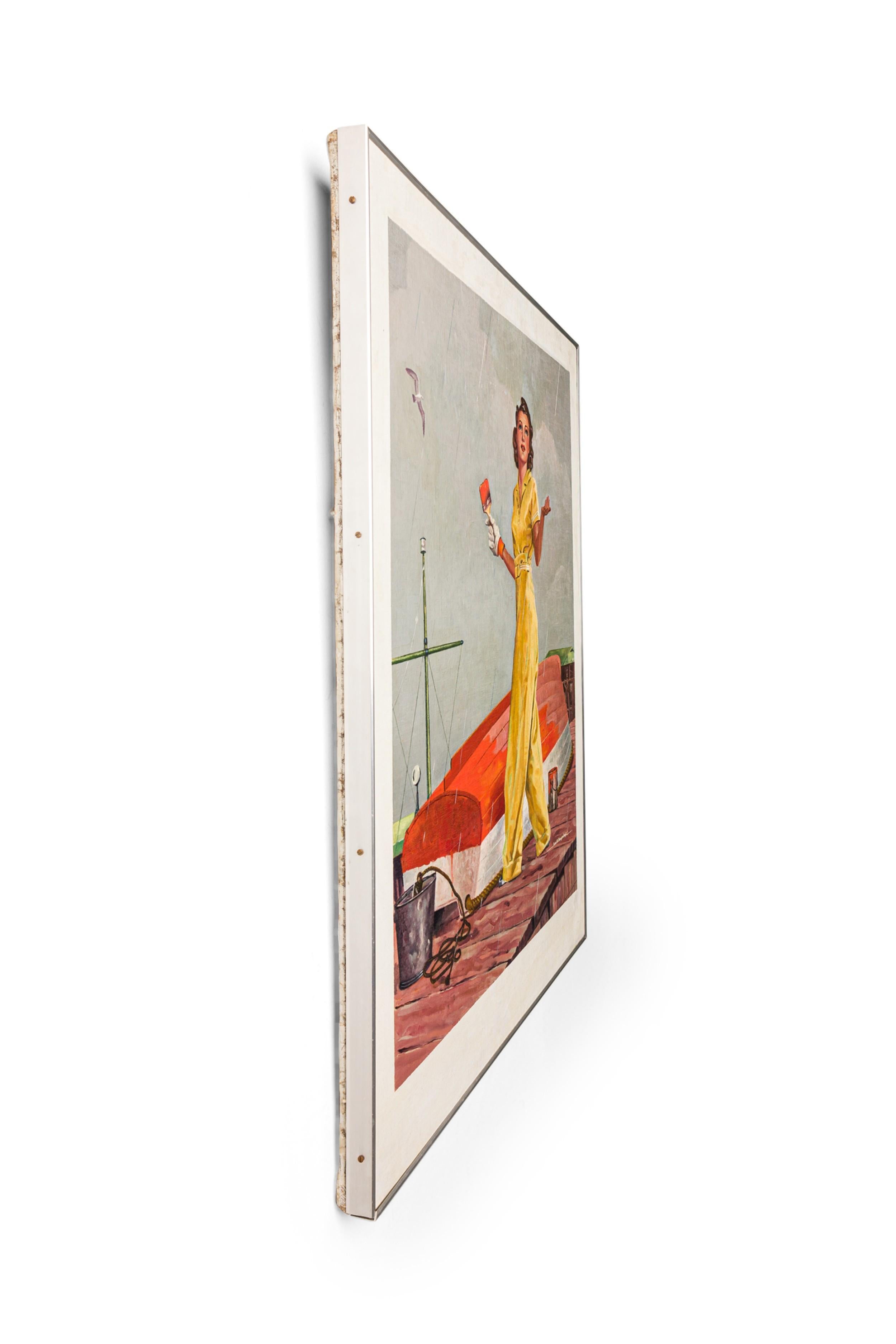 Mid-Century American oil painting portrait depicts a woman in a yellow jumpsuit pausing for raindrops while painting the underside of a boat on a dock, mounted in a silver metal frame. (signed, JAN H. HOGENBYL)
 

 Slight wear.
