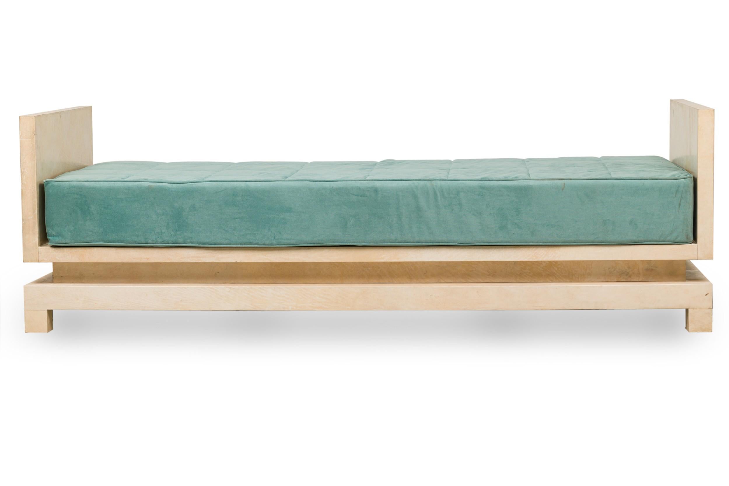 20th Century Mid-Century American Parchment and Teal Upholstered Daybed Manner of Samuel Marx For Sale