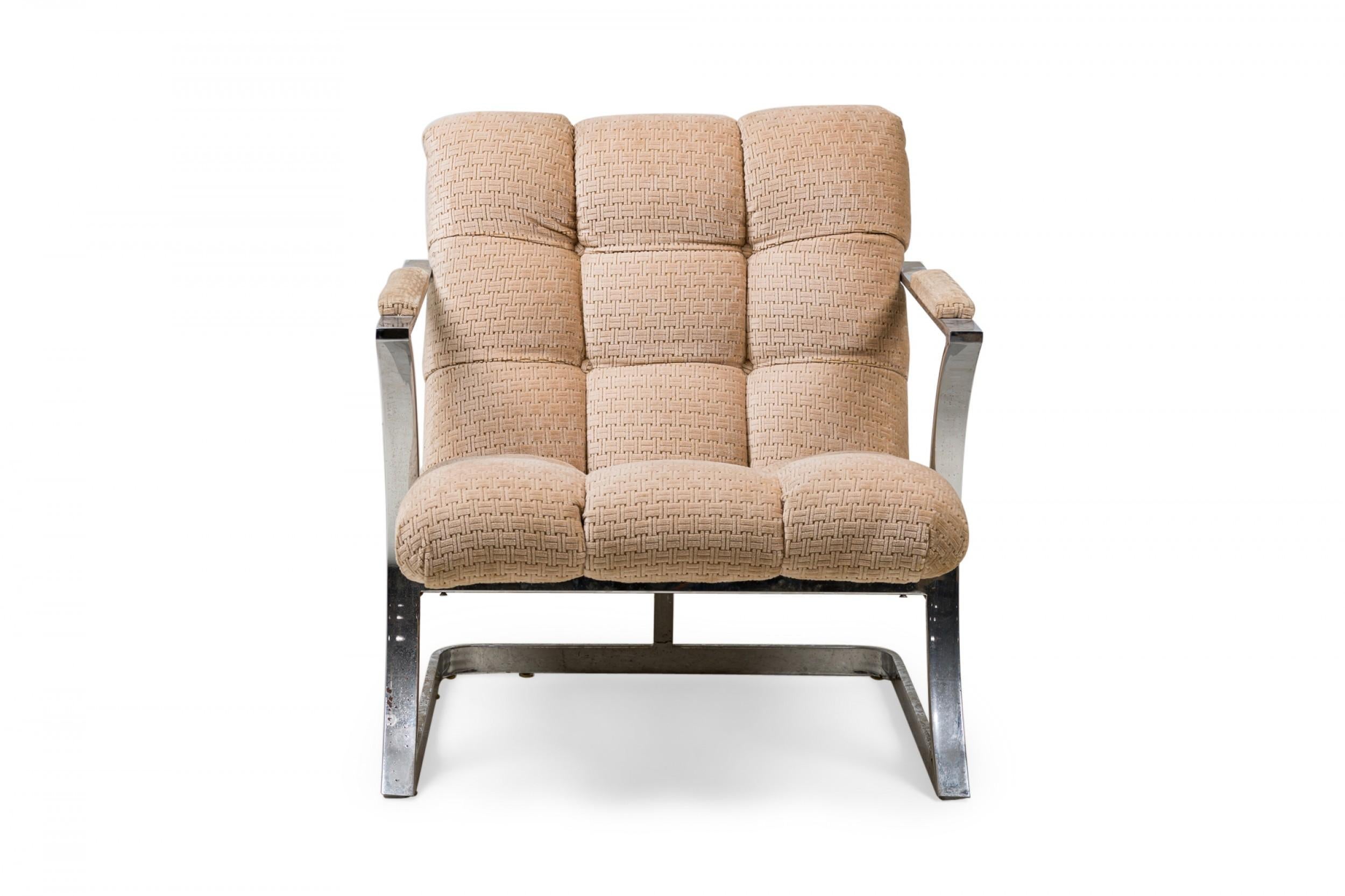 Midcentury American Polished Silver Metal and Beige Upholstered Armchair
