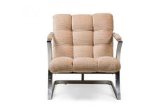 Midcentury American Polished Silver Metal and Beige Upholstered Armchair