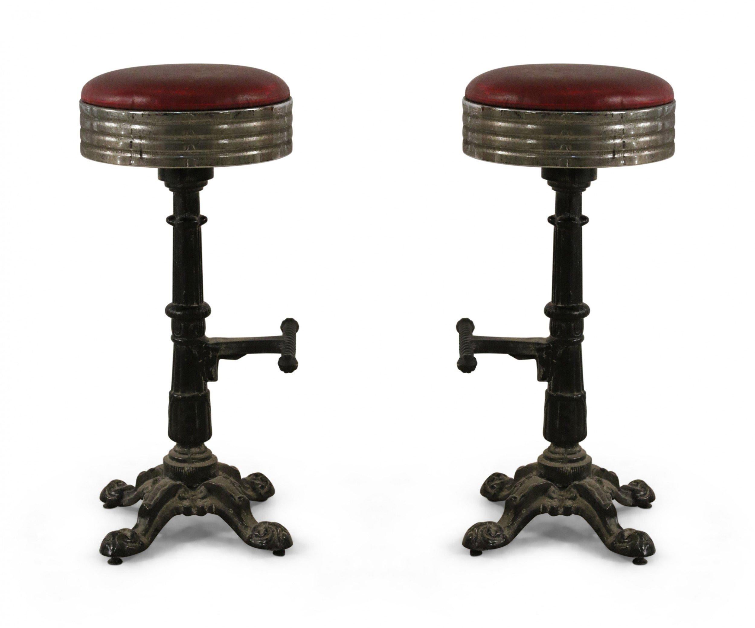 Mid-Century American Red Vinyl and Cast Metal Bar Stools 3