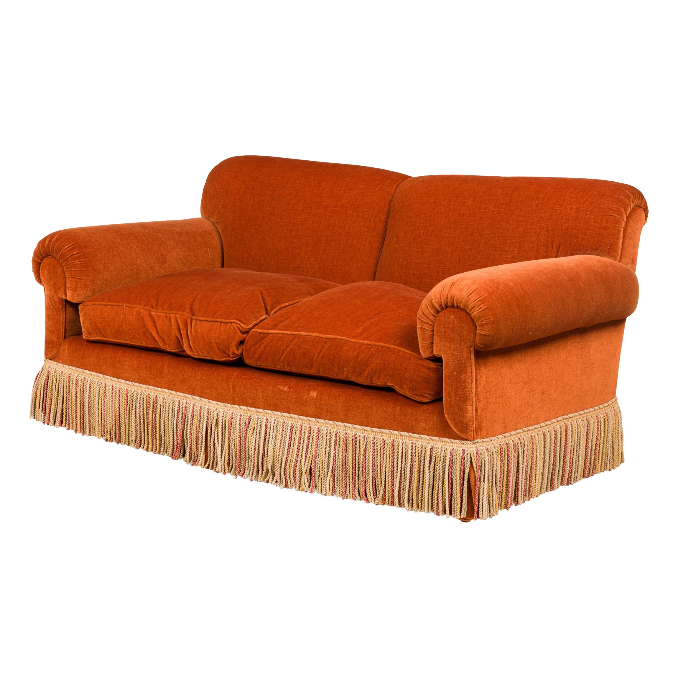 Mid-Century American Rust Velvet Upholstered Two Seater Fringed Sofa For Sale