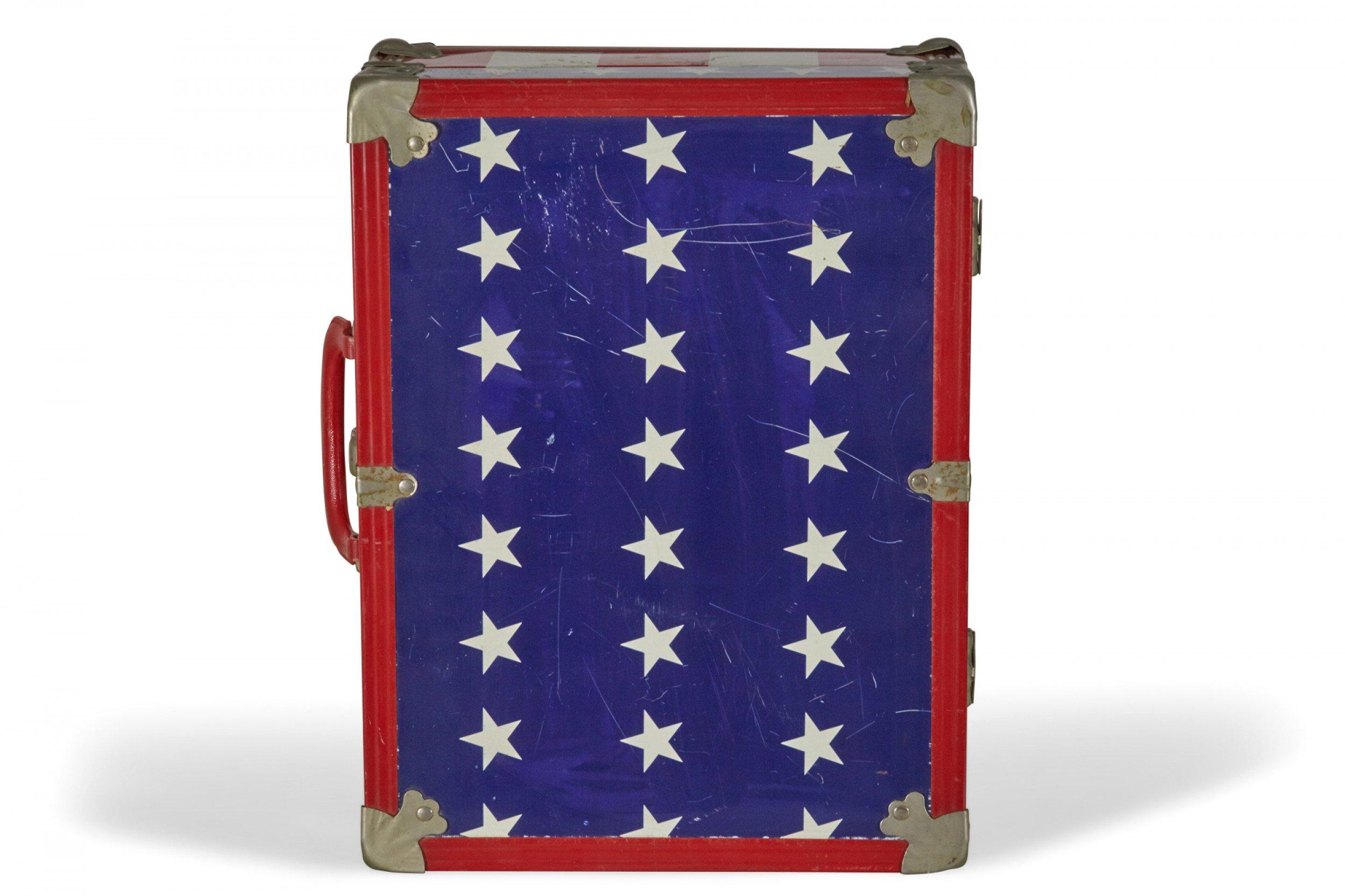 Paper Mid-Century American Small Red, White, and Blue Flag Motif Suitcase For Sale