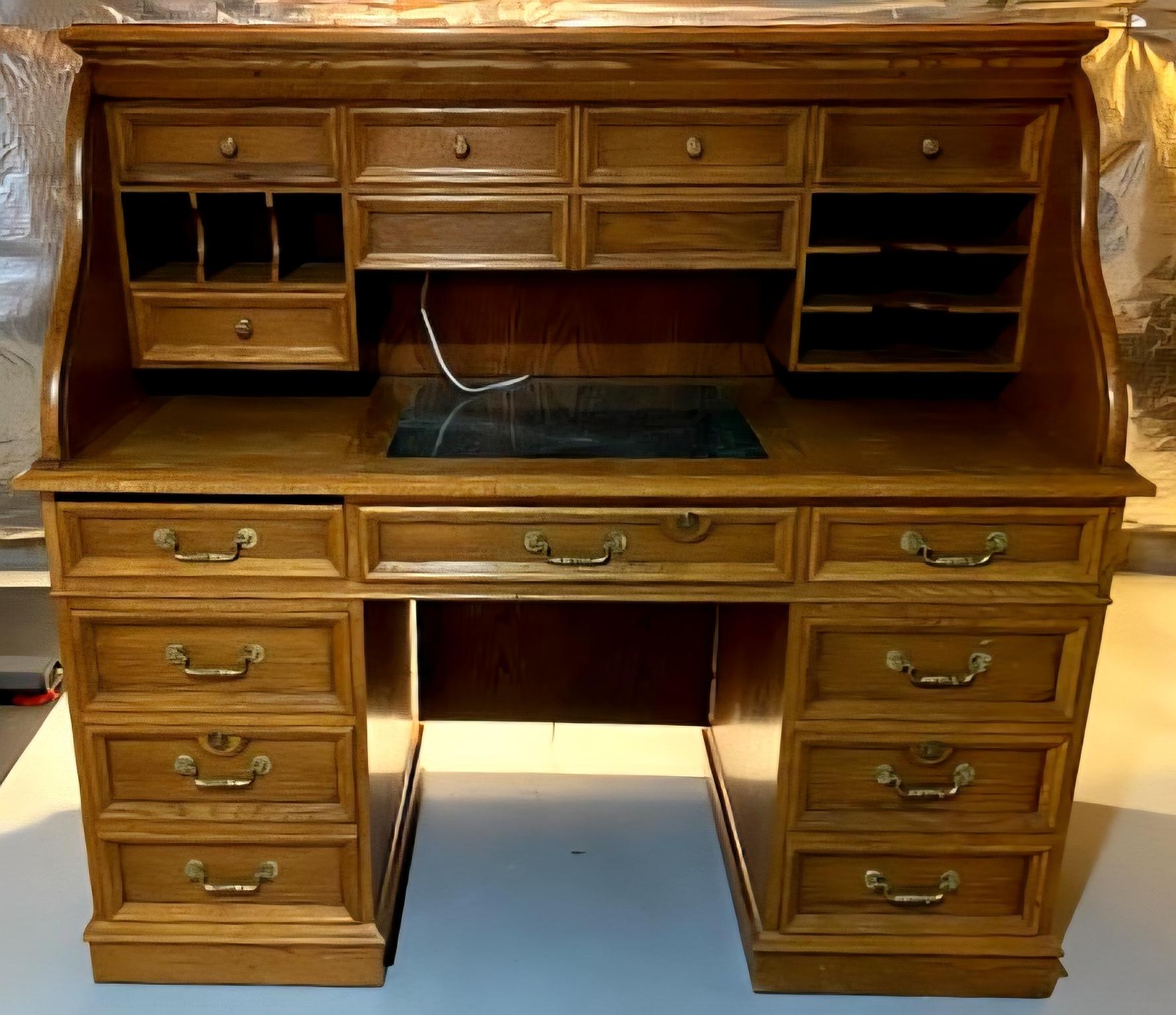 Mid Century American Solid Oak S Roll Top Front Desk For Sale 6
