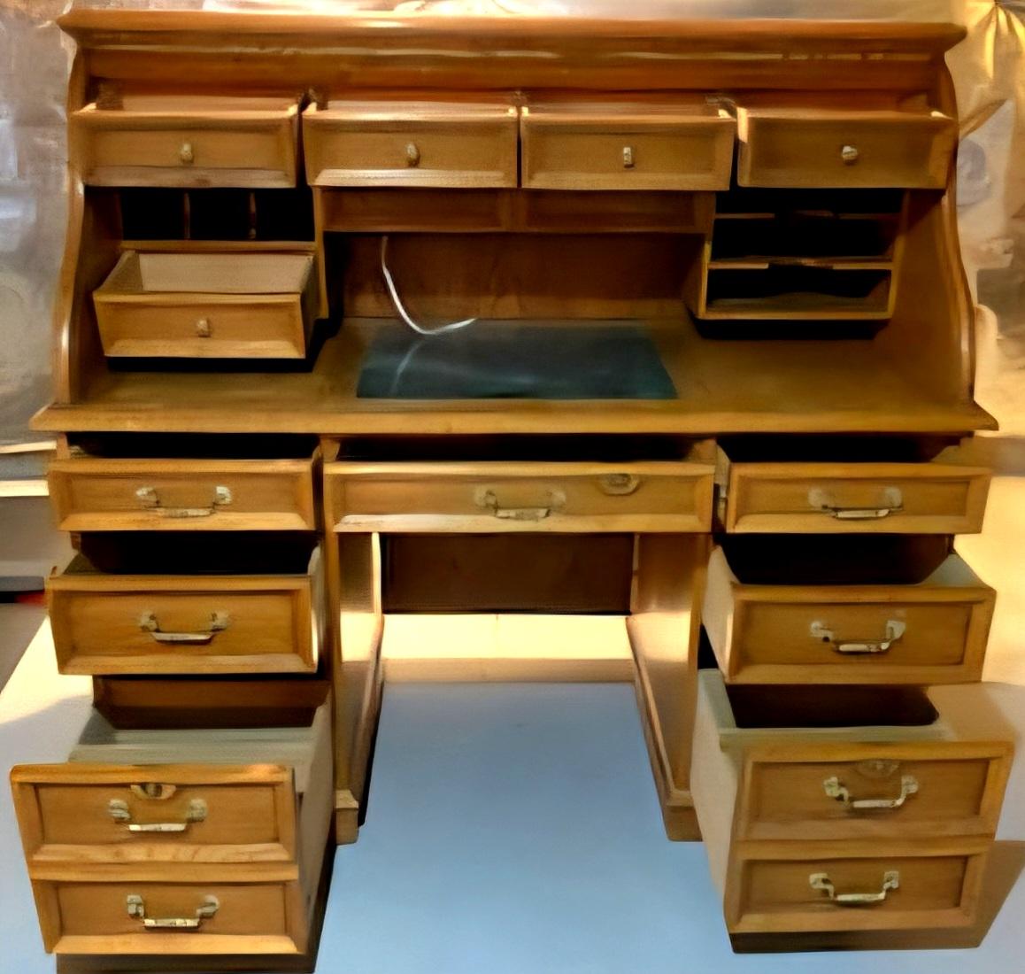 American Colonial Mid Century American Solid Oak S Roll Top Front Desk For Sale