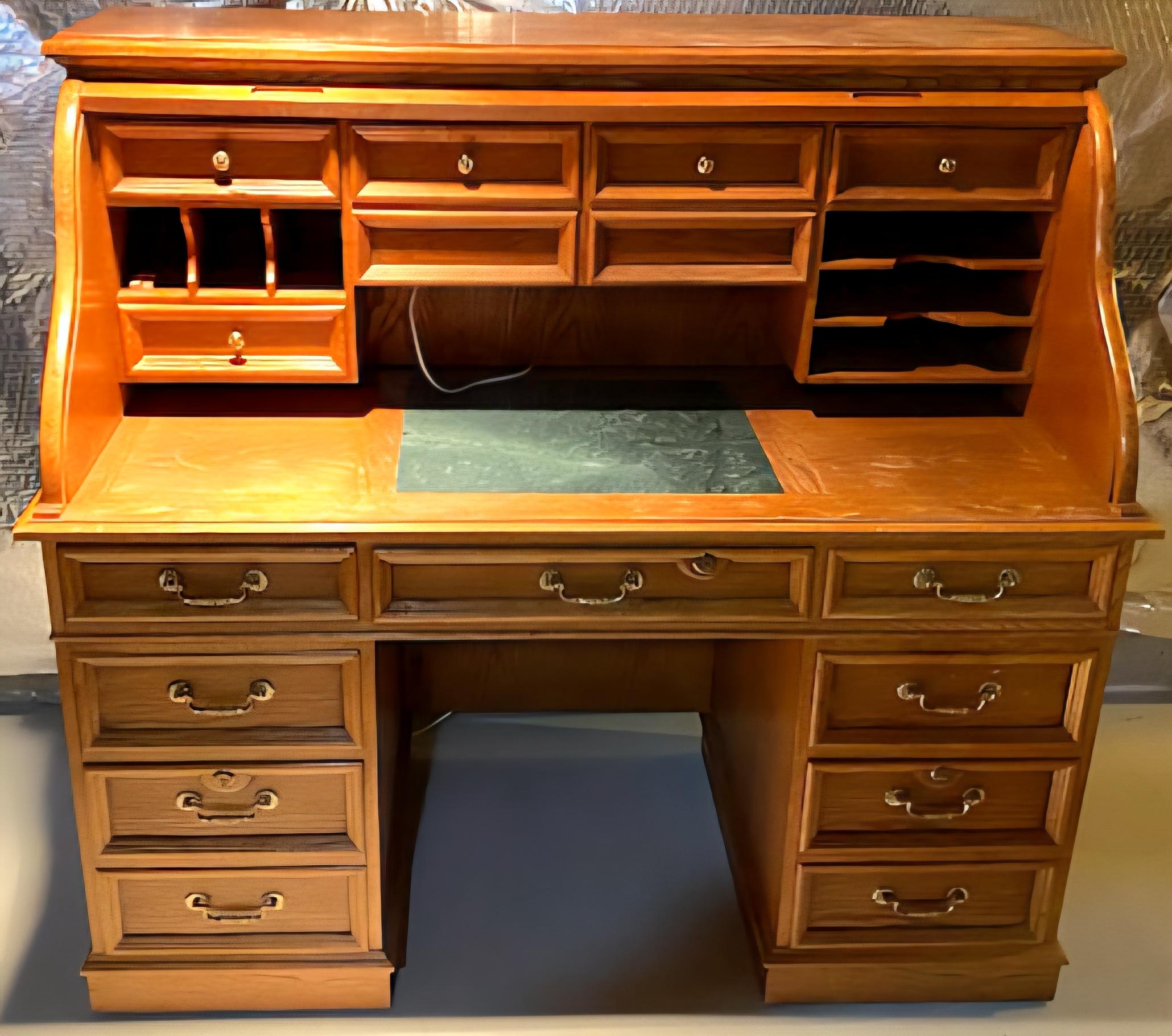 Unknown Mid Century American Solid Oak S Roll Top Front Desk For Sale