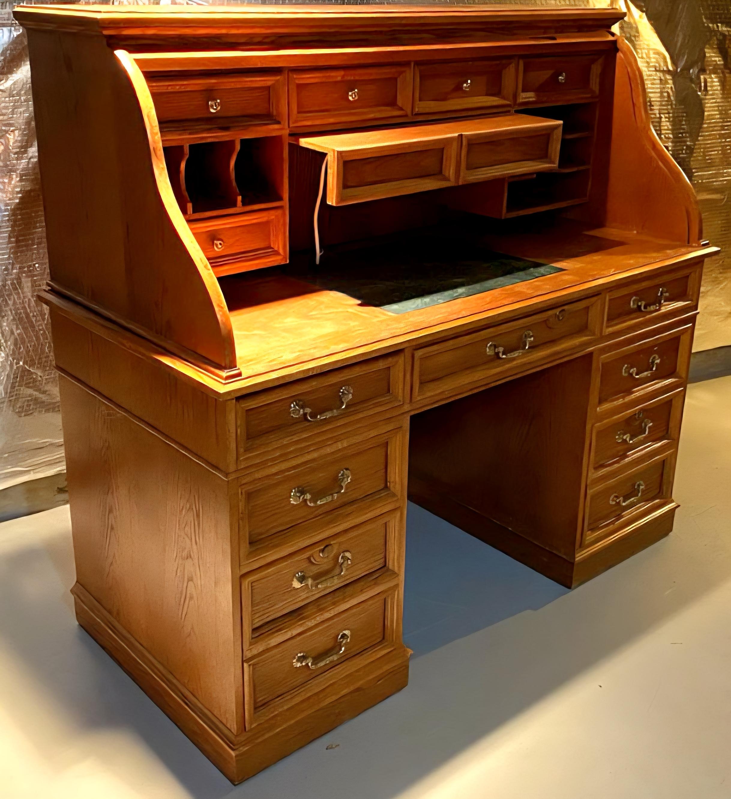Stained Mid Century American Solid Oak S Roll Top Front Desk For Sale
