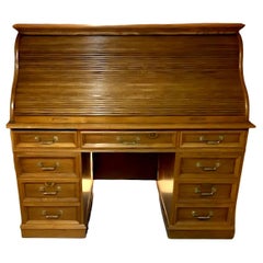 Mid Century American Solid Oak S Roll Top Front Desk