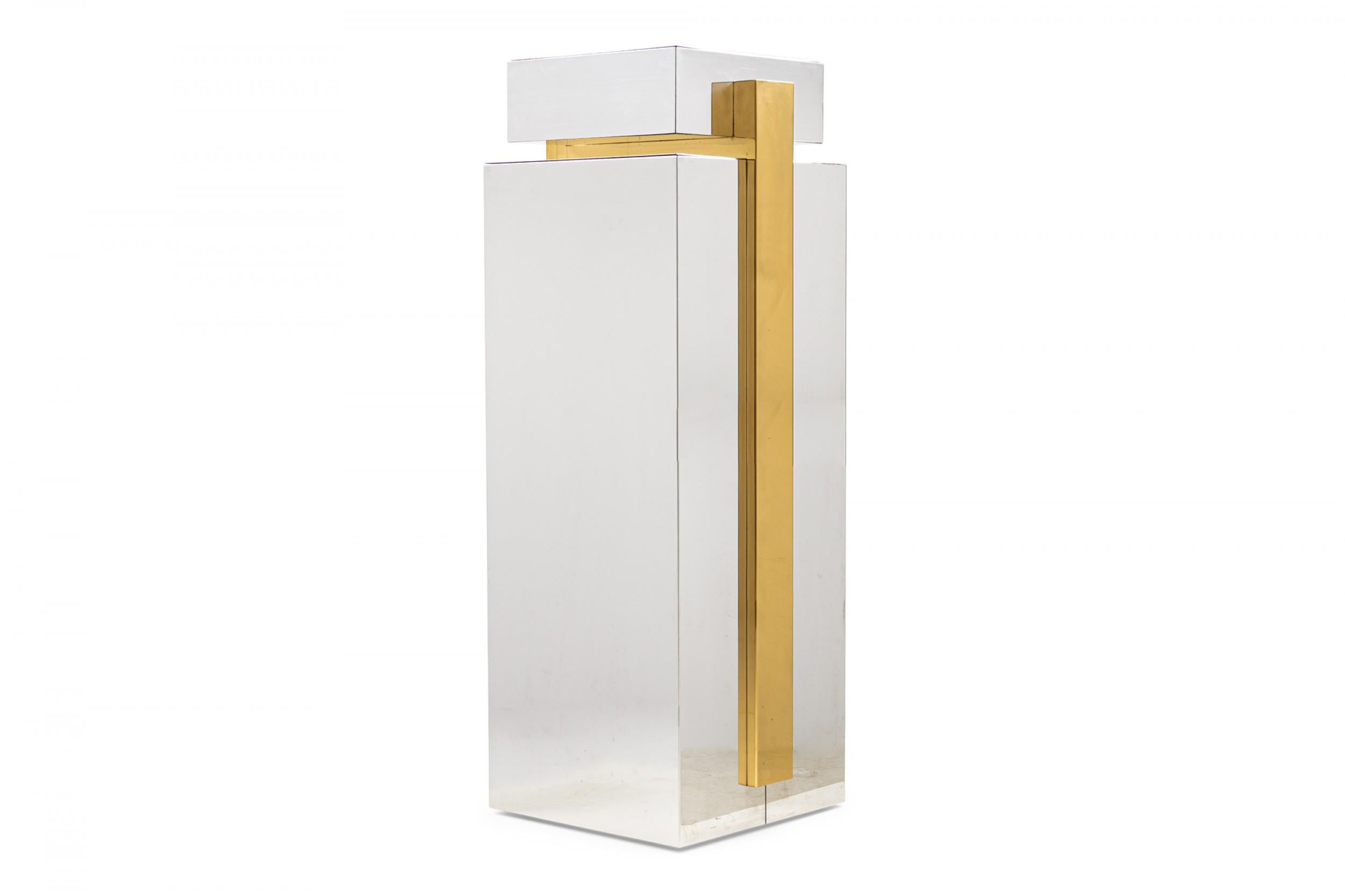 Polished Mid-Century American Stainless Steel and Brass Display Pedestal For Sale