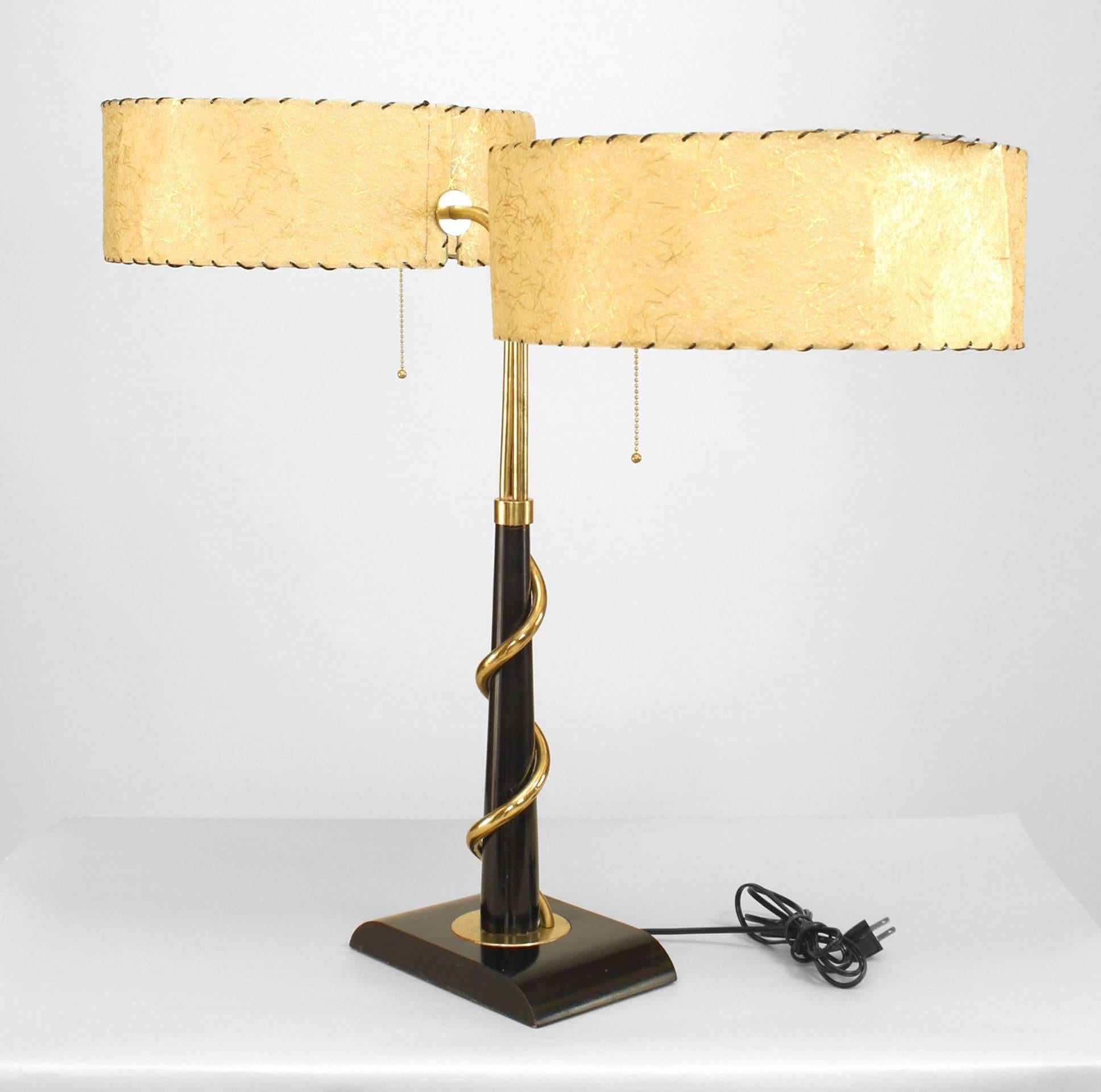 American Mid-century Parchment and Brass Student Lamp In Good Condition In Queens, NY