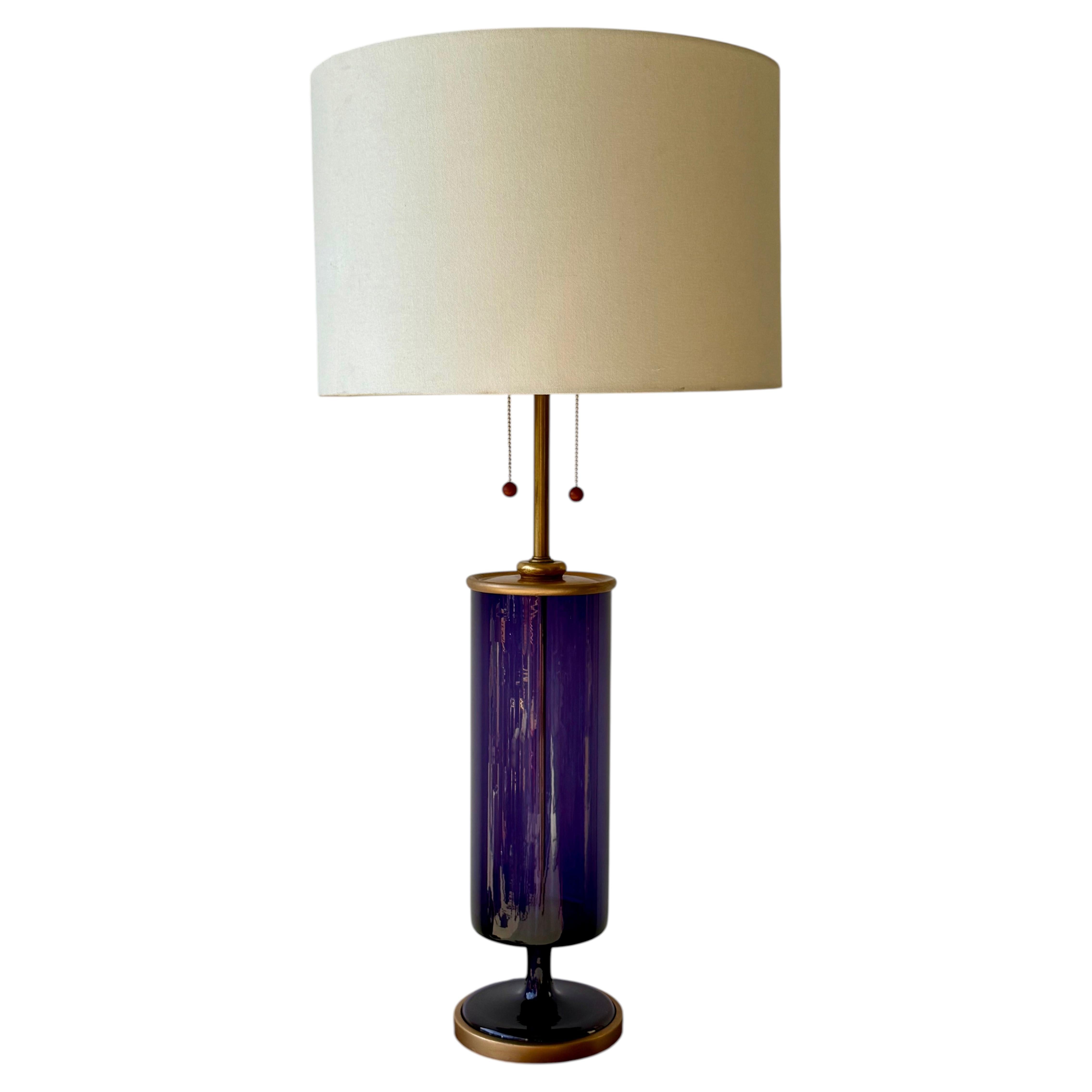 Mid-Century Amethyst Art Glass Table Lamp with Brass Accents