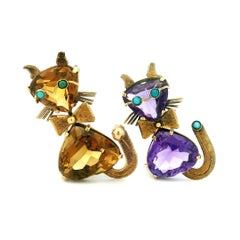 Mid-Century Amethyst Citrine Turquoise Cat Brooches 18K Gold
