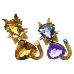 Mid-Century Amethyst Citrine Turquoise Cat Brooches 18K Gold