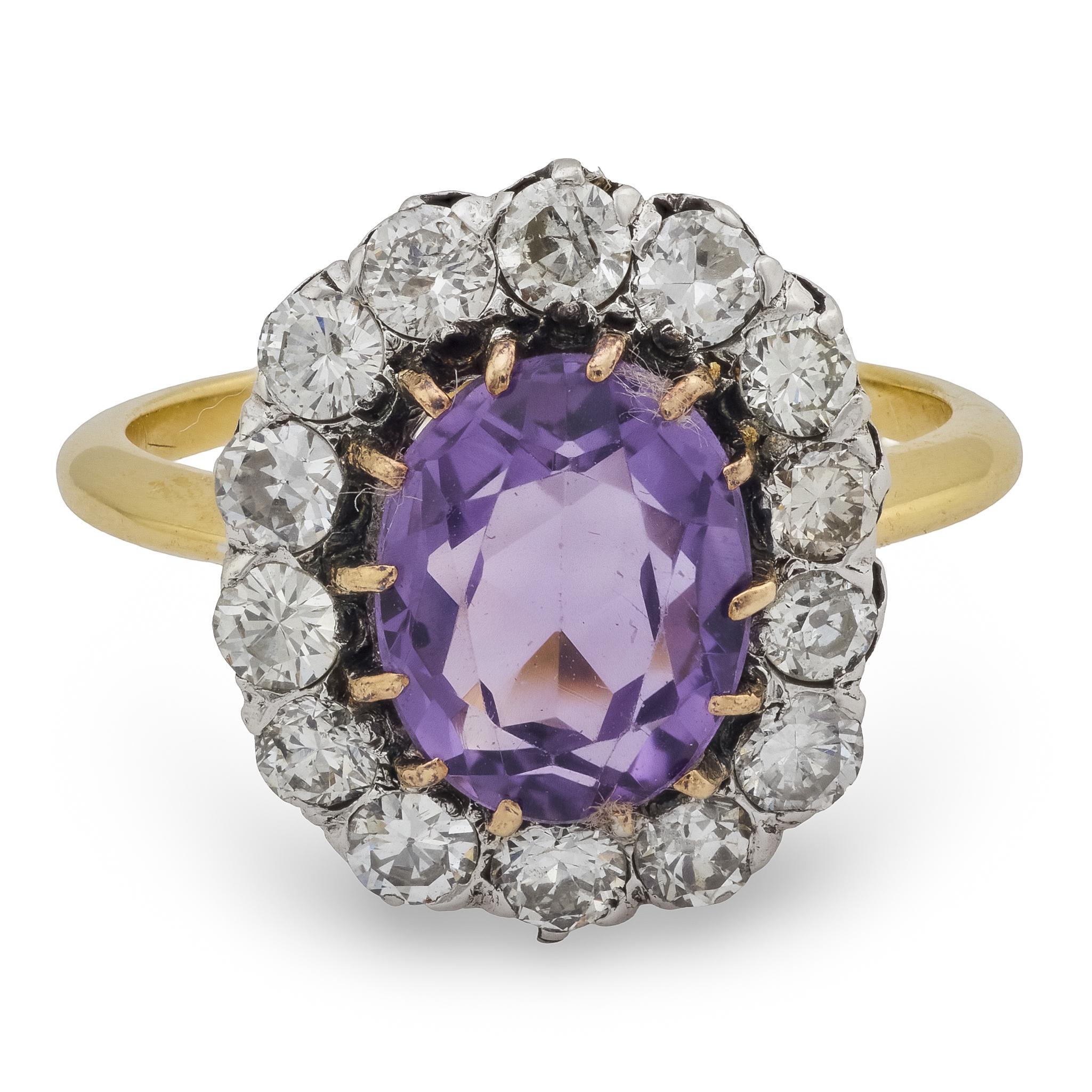 Modern Mid Century amethyst diamond 18k yellow gold platinum cluster ring For Sale