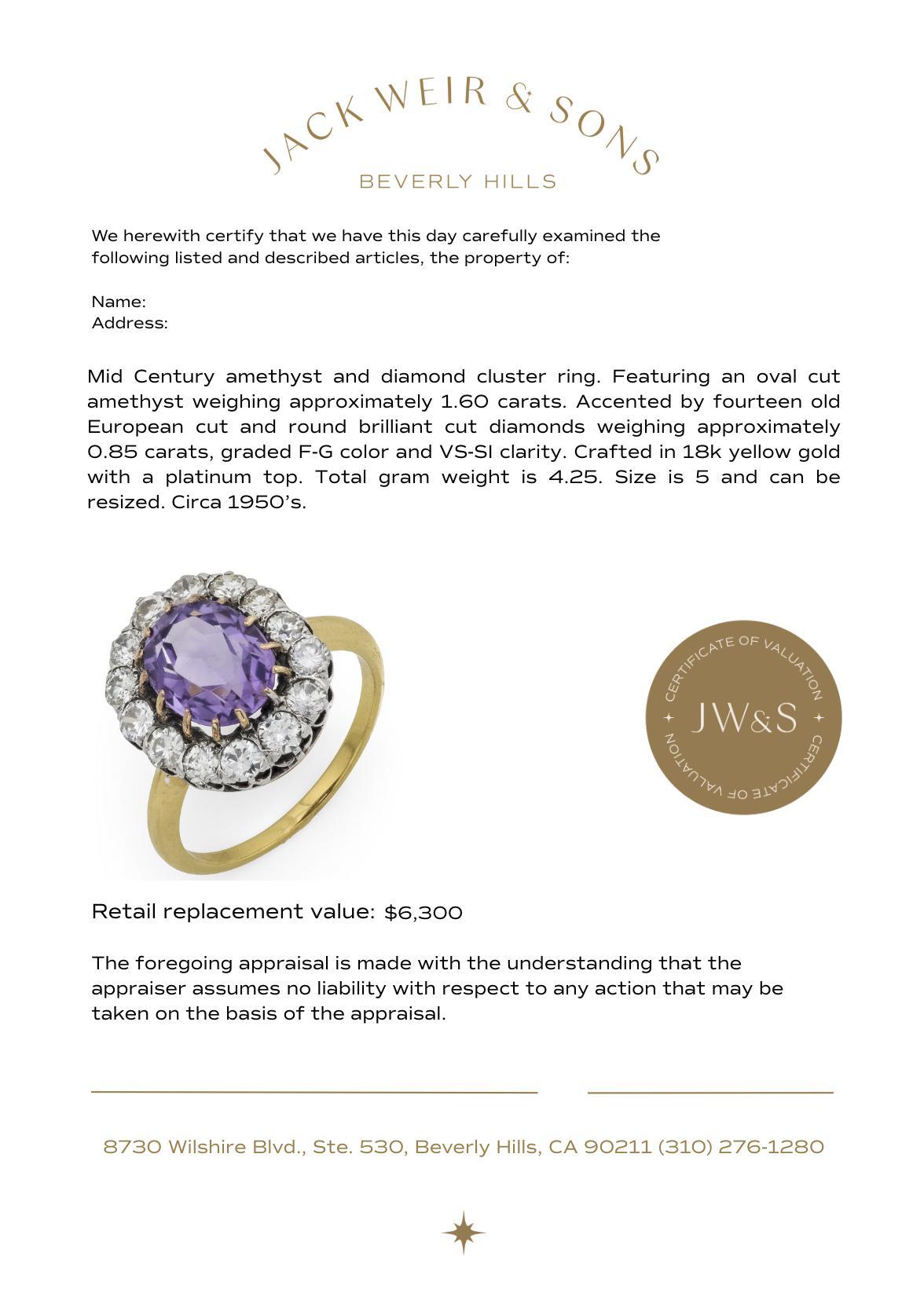 Women's Mid Century amethyst diamond 18k yellow gold platinum cluster ring For Sale