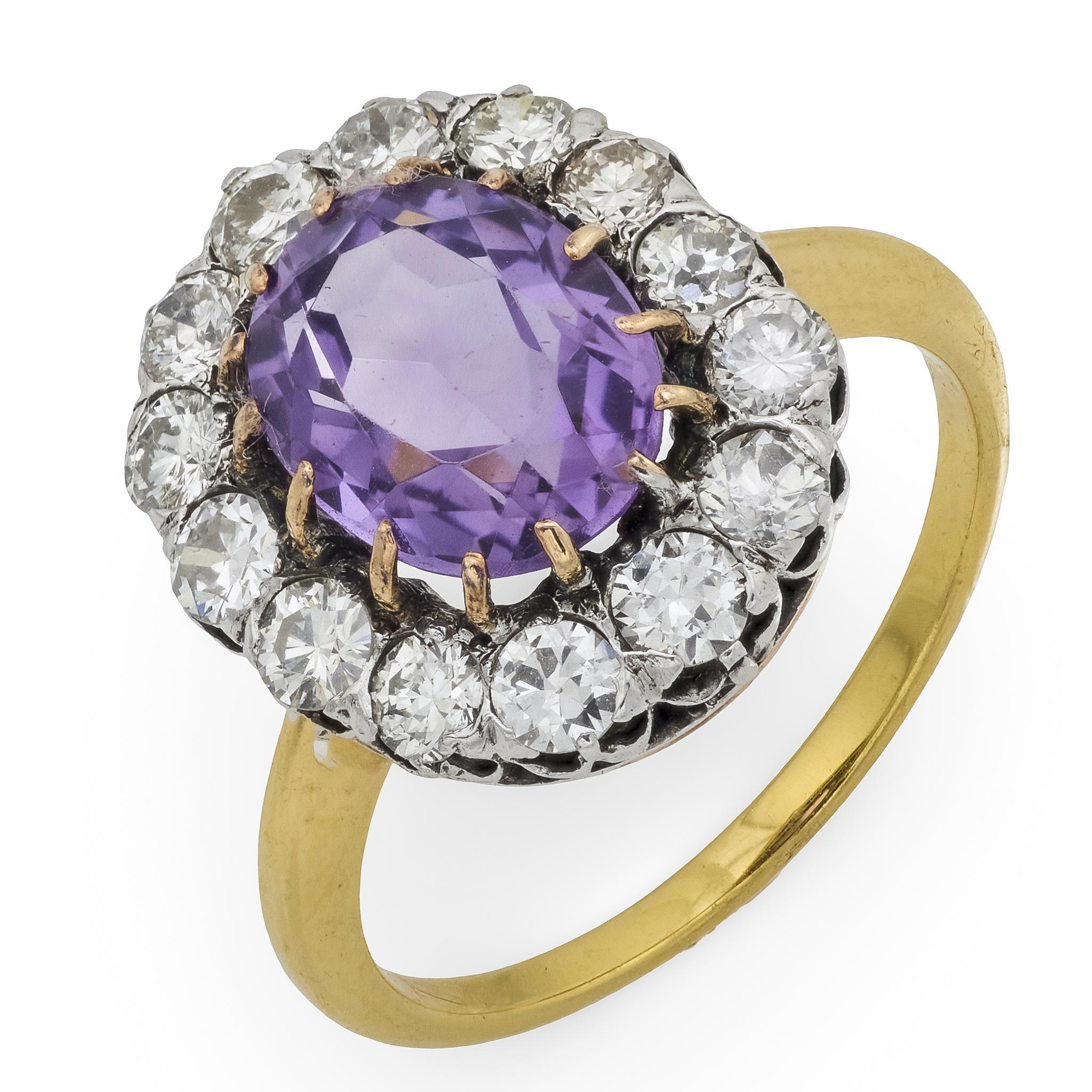 Mid Century amethyst diamond 18k yellow gold platinum cluster ring For Sale