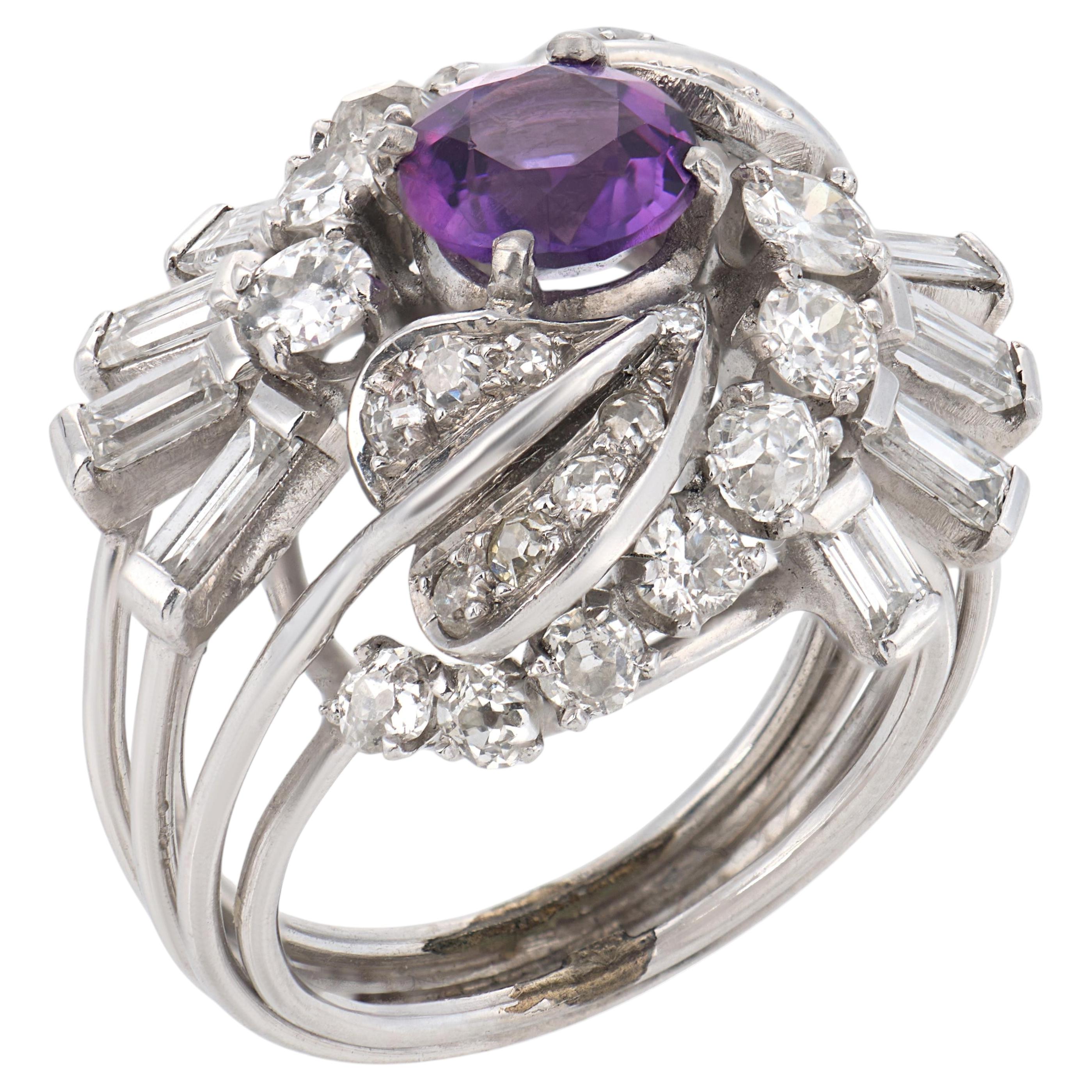 Anello da cocktail in platino con ametista e diamante di metà secolo