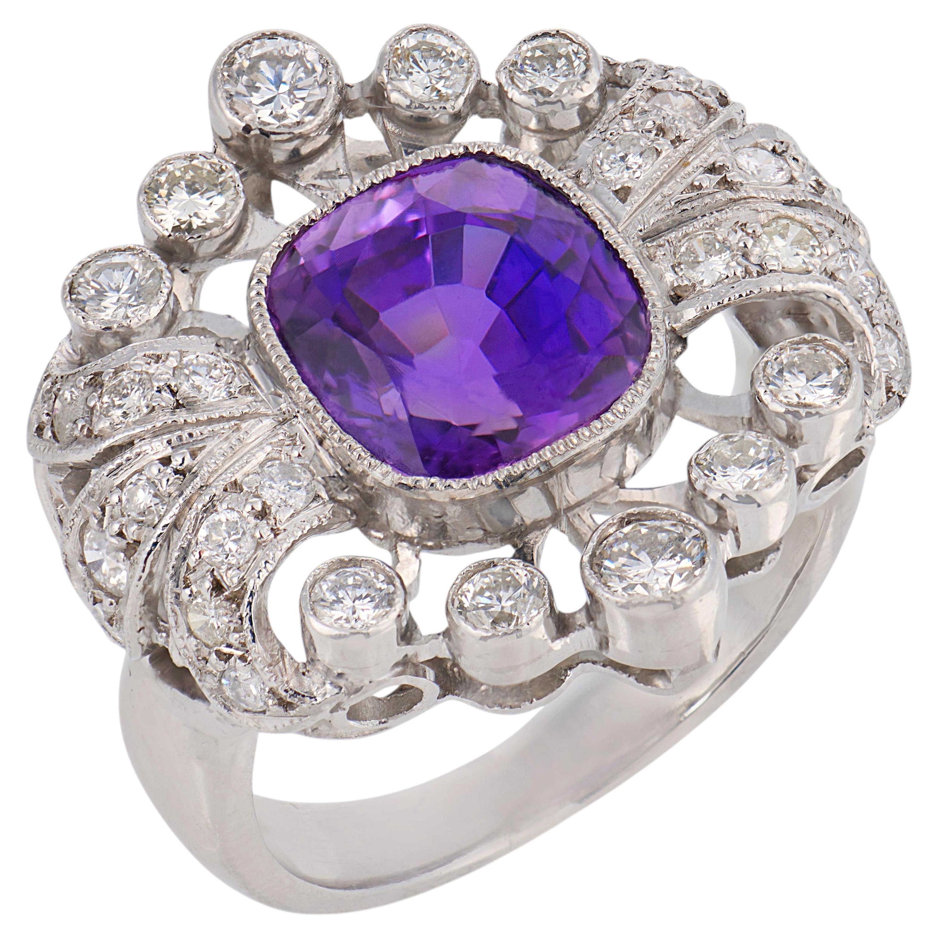 Mid Century amethyst diamond platinum cocktail ring