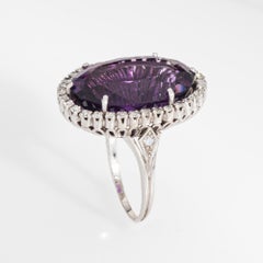Mid Century Amethyst Diamond Ring Sz 5.25 Vintage 18k White Gold Large Cocktail