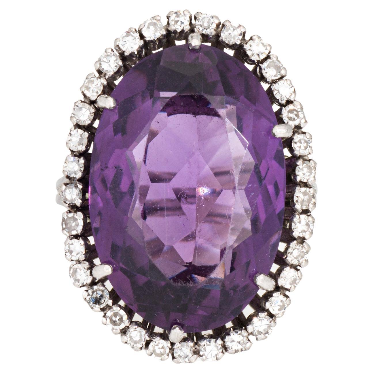 Mid Century Amethyst Diamond Ring Sz 5.25 Vintage 18k White Gold Large Cocktail