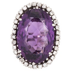 Mid-Century Amethyst-Diamant-Ring Gr. 5,25 Vintage 18k Weißgold Großer Cocktail