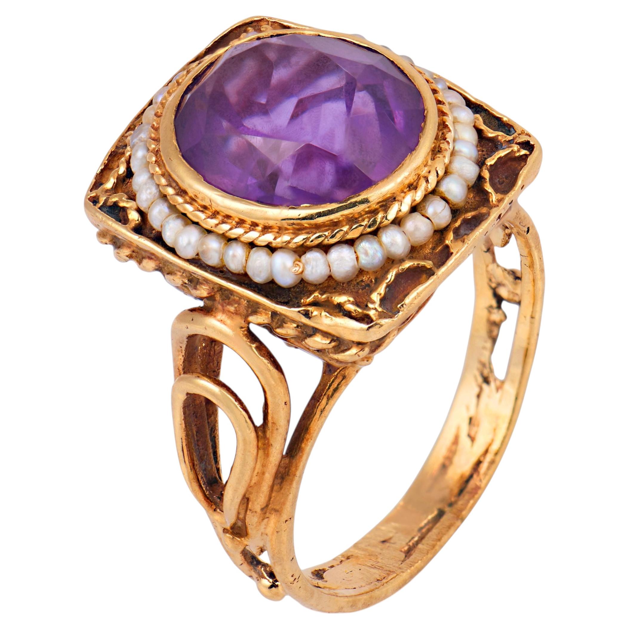 Mid Century amethyst seed pearl 14k yellow gold ring For Sale