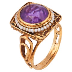 Mid Century amethyst seed pearl 14k yellow gold ring
