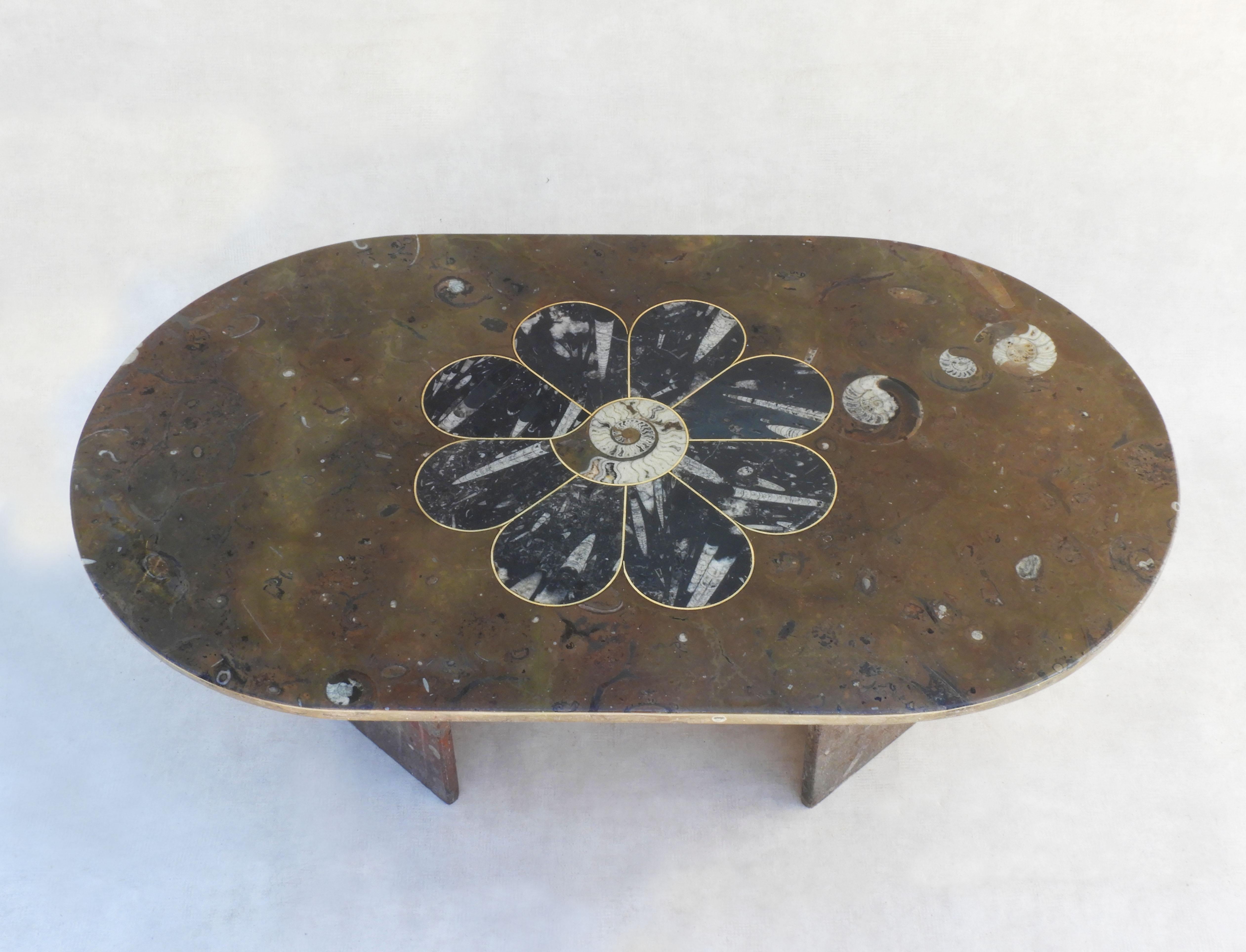 French Mid Century Ammonite and Orthoceras Fossil Marble Coffee Table C1970s France For Sale