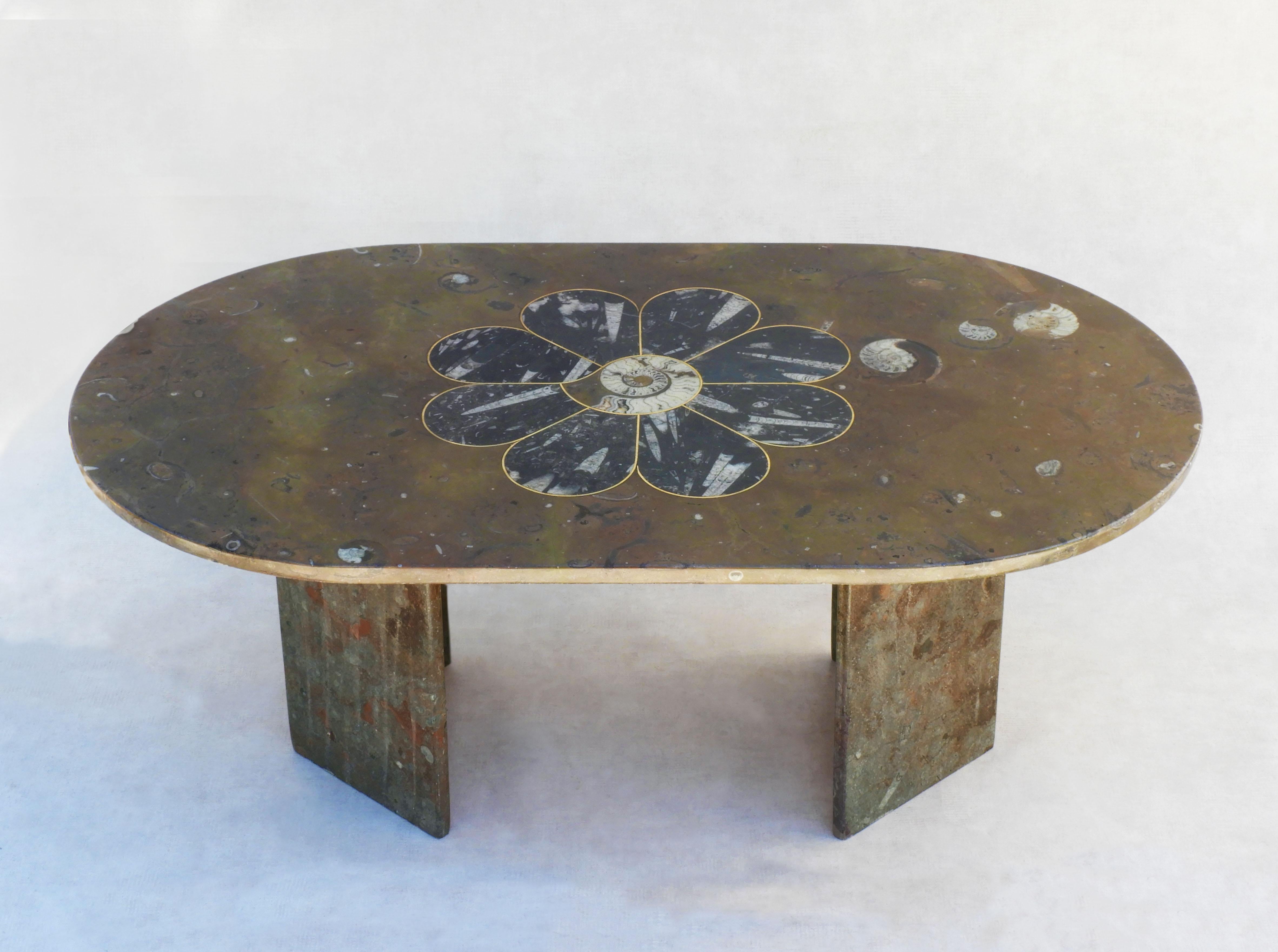 Mid-Century Modern Mid Century Ammonite and Orthoceras Fossil Marble Coffee Table C1970s France For Sale