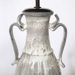 Mid-Century Amphora-Form Gray Glaze Ceramic & Bronze Table Lamp by James Mont