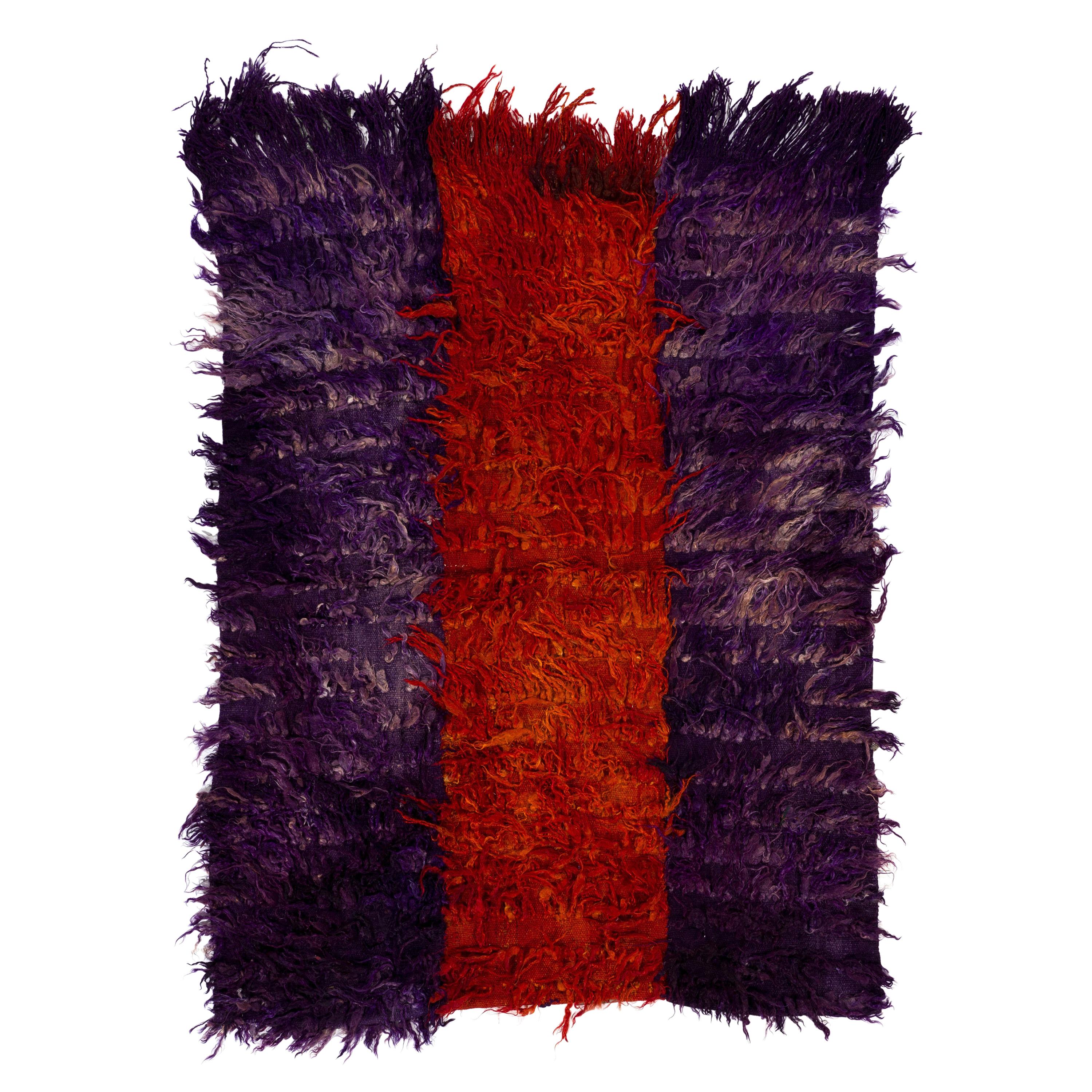 4.5x5.8 Ft Mid-Century Anatolian Angora "Mohair" Wool Tulu Rug in Purple and Red For Sale