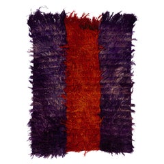 4.5x5.8 Ft Mid-Century Anatolian Angora "Mohair" Wool Tulu Rug in Purple and Red