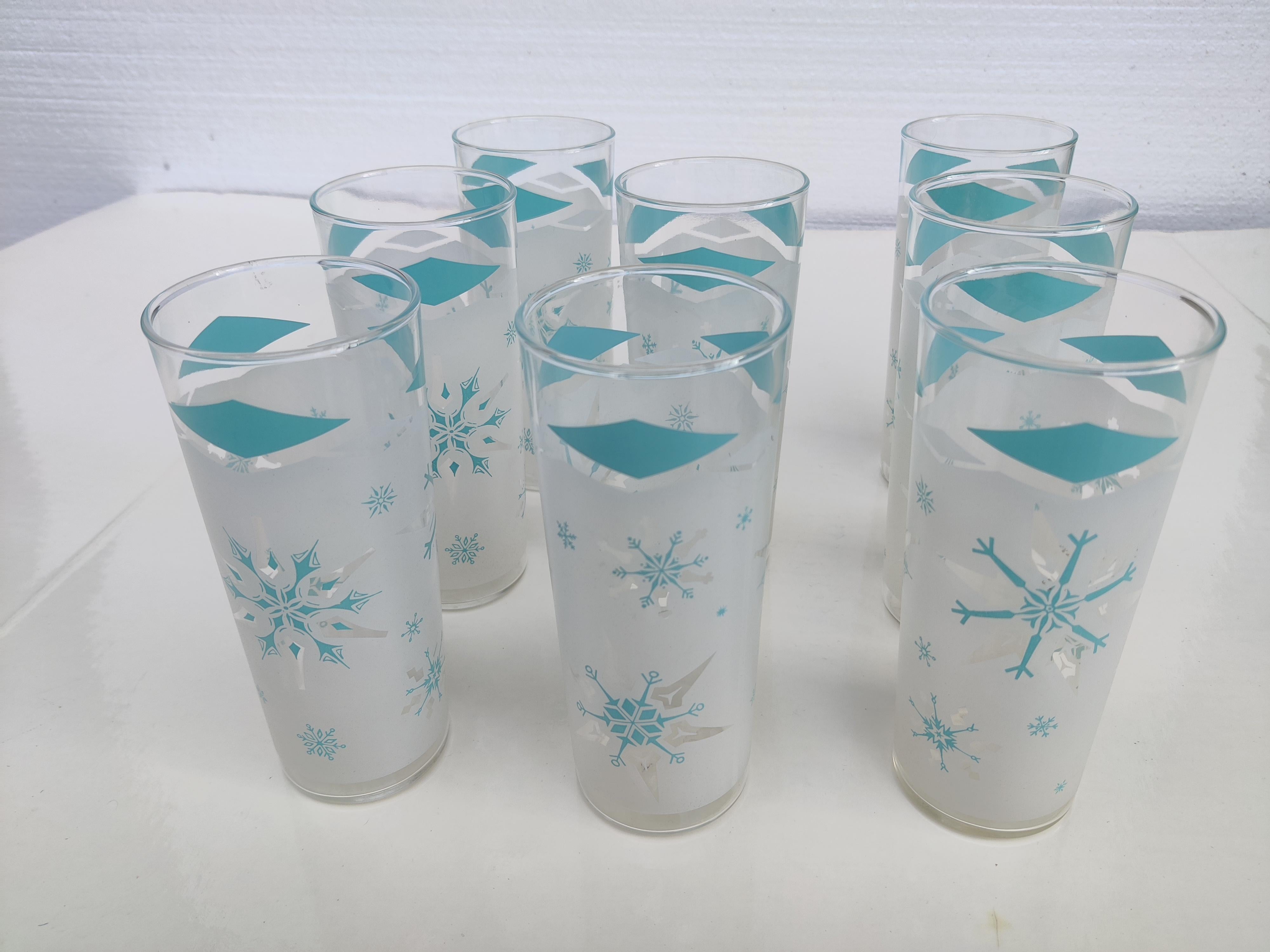 Mid-century Anchor Hocking Atomic Snowflake Glasses Set of 8
Aqua blue frosted Tom Collins Glasses