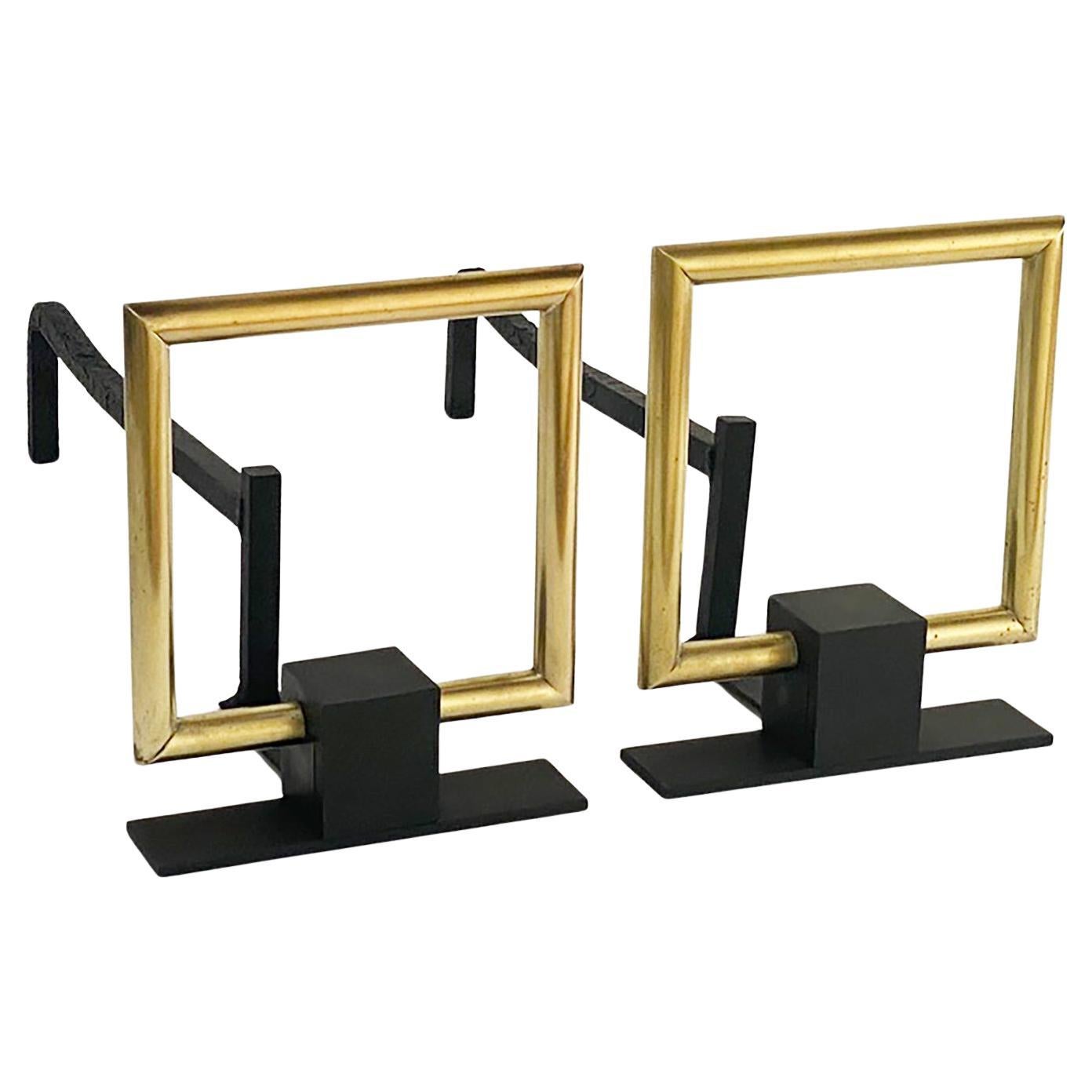 Mid-Century Andirons in Brass and Iron in the Style of Donald Deskey