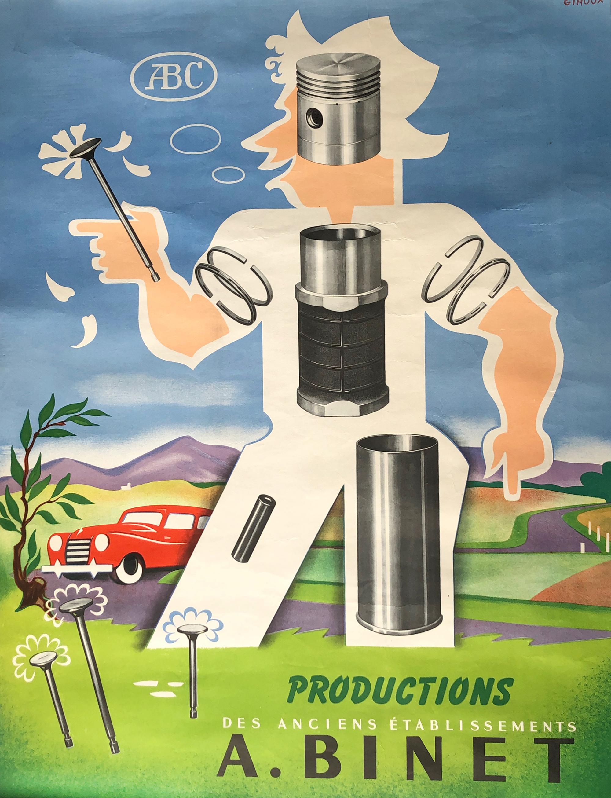 Mid-Century Andre Giroux ABC Poster for A. Binet Auto Parts Productions. Printed in France. 