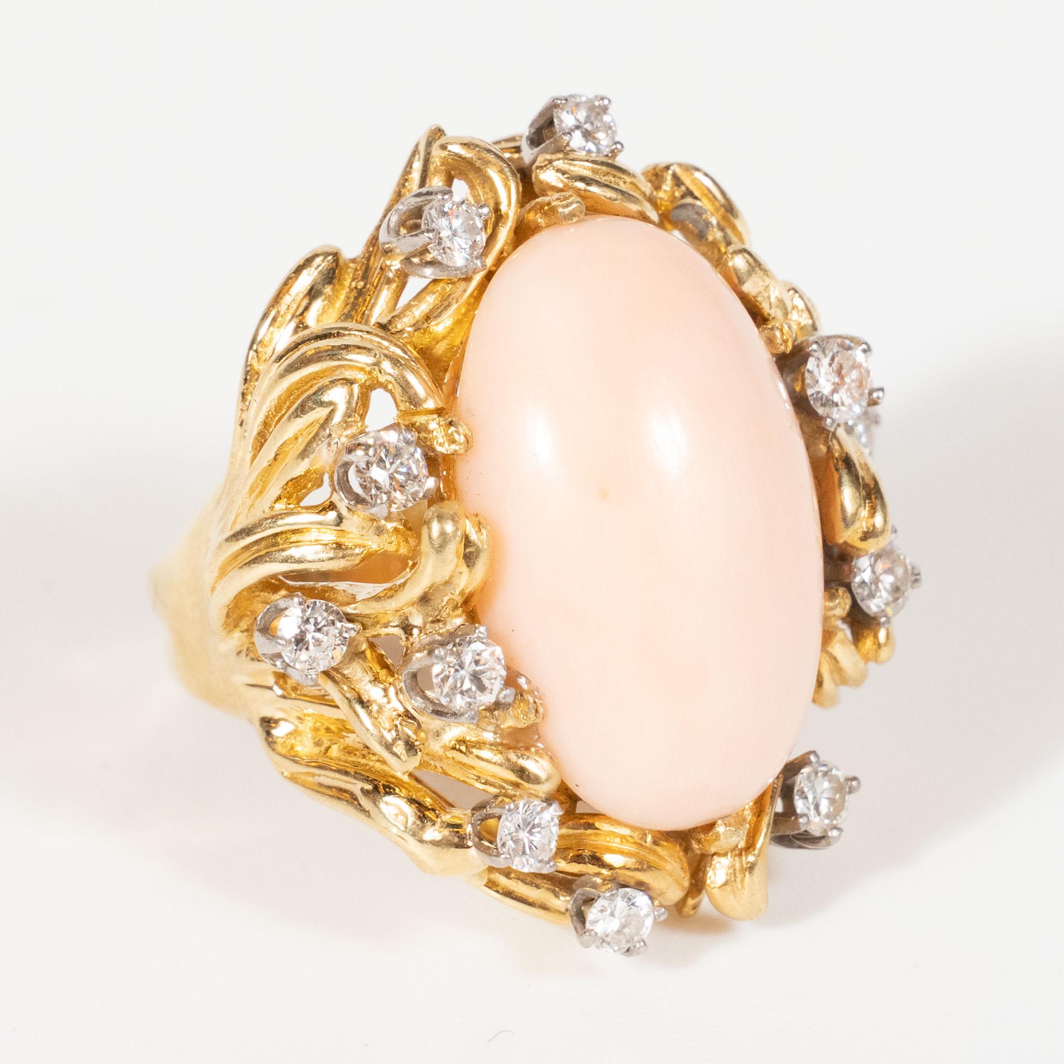 Midcentury Angel Coral Diamond Gold Dome Ring 5