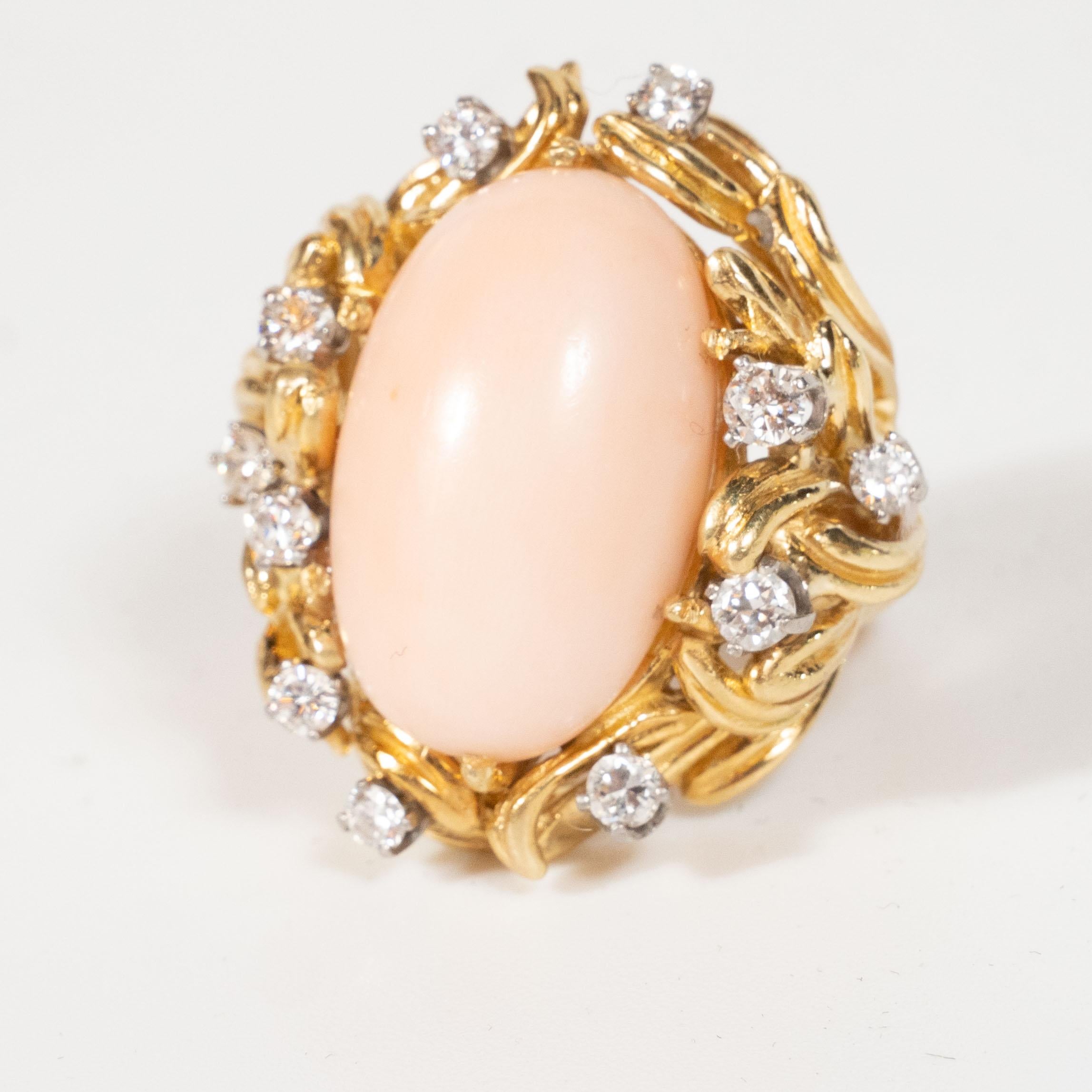 Modernist Midcentury Angel Coral Diamond Gold Dome Ring