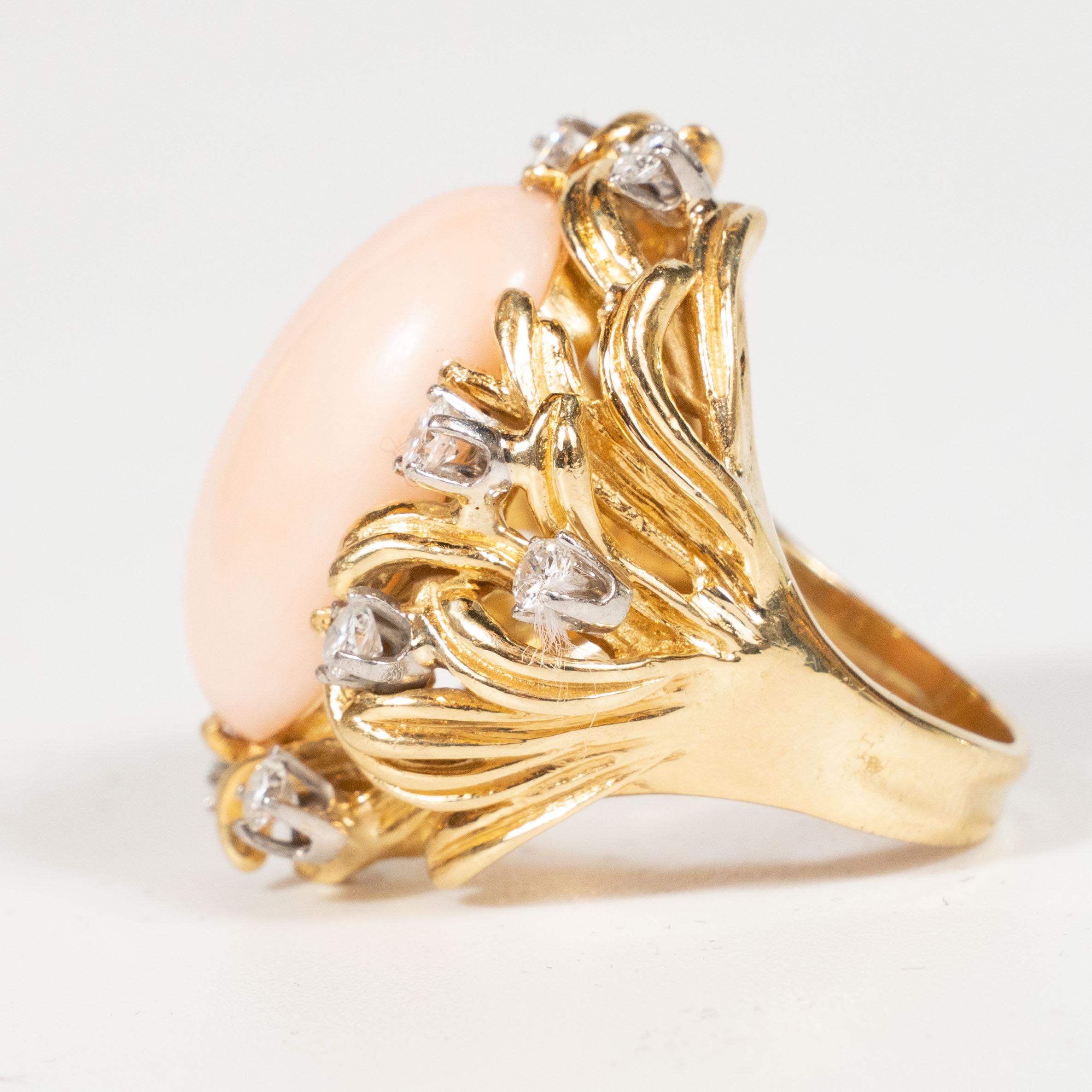 Midcentury Angel Coral Diamond Gold Dome Ring In Excellent Condition In New York, NY