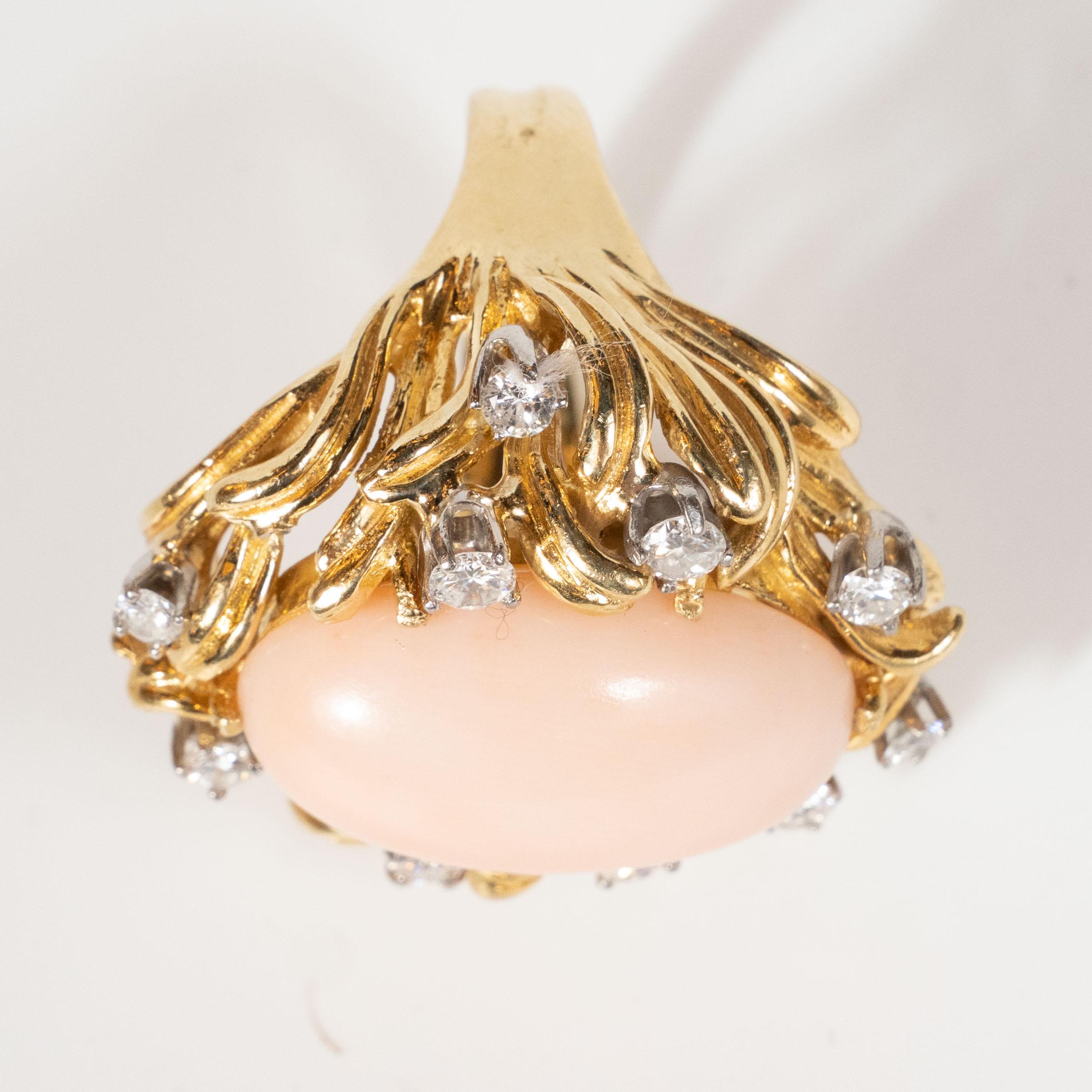 Midcentury Angel Coral Diamond Gold Dome Ring 2