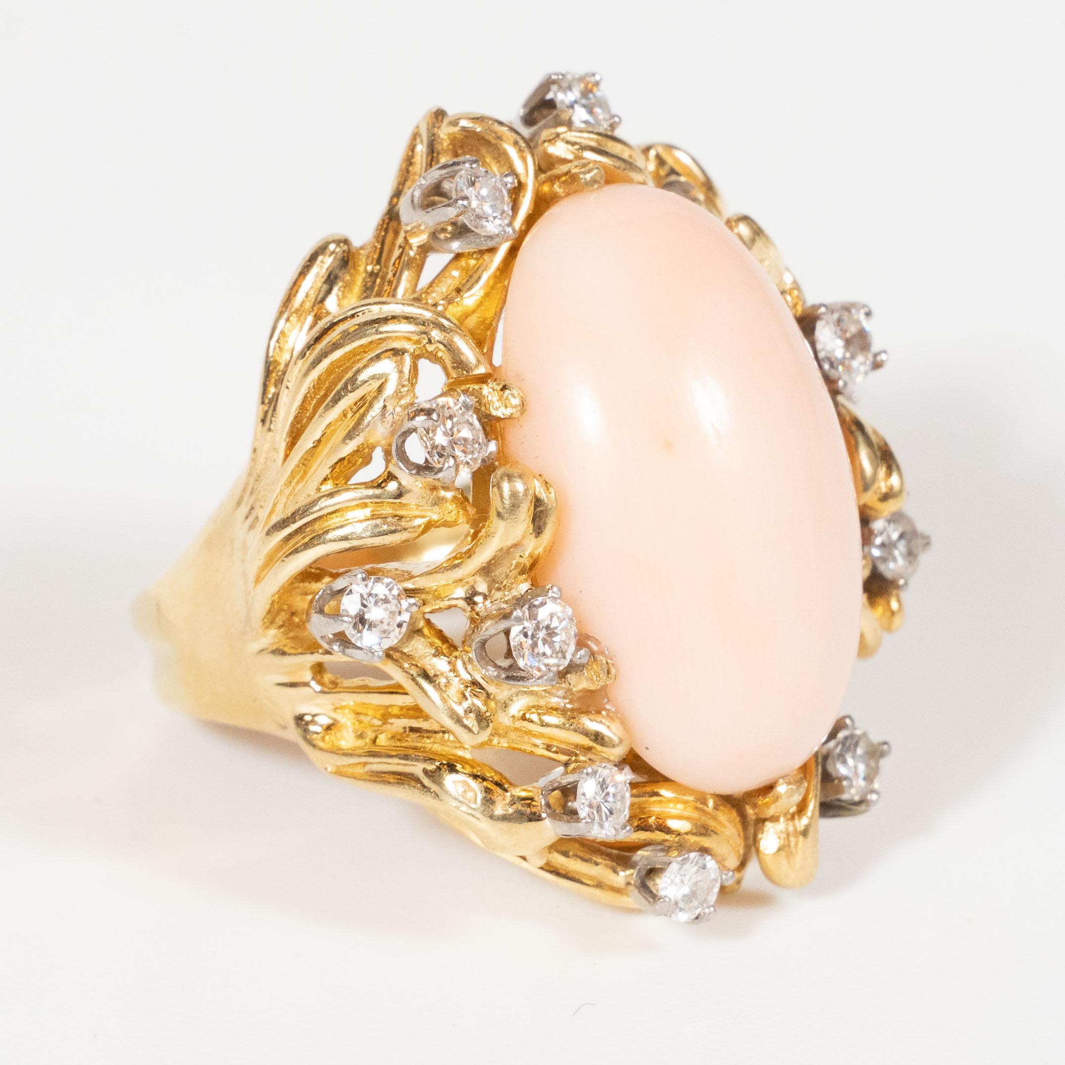 Midcentury Angel Coral Diamond Gold Dome Ring 4